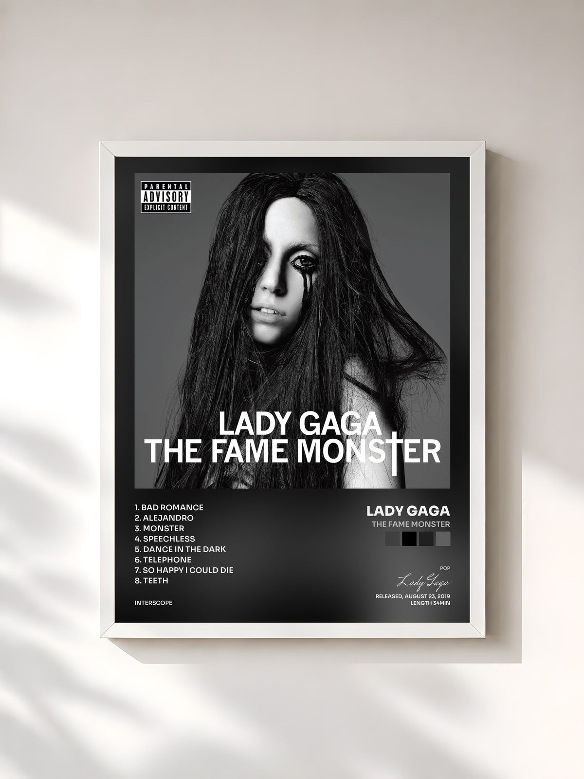 #blanc Tableau de l'album The Fame Monster de Lady Gaga, cadre blanc, imprimé et encadré en France