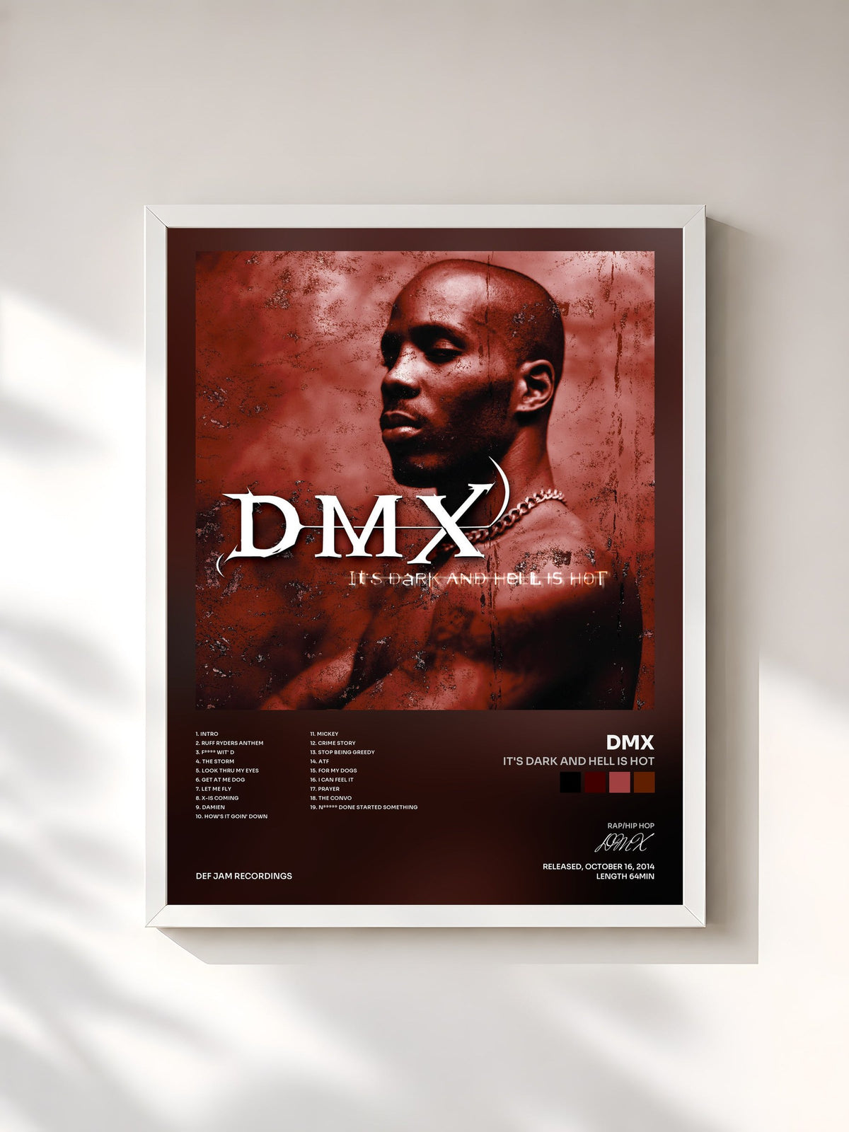 #blanc Tableau de l'album It's Dark And Hell Is Hot de DMX, cadre blanc, imprimé et encadré en France