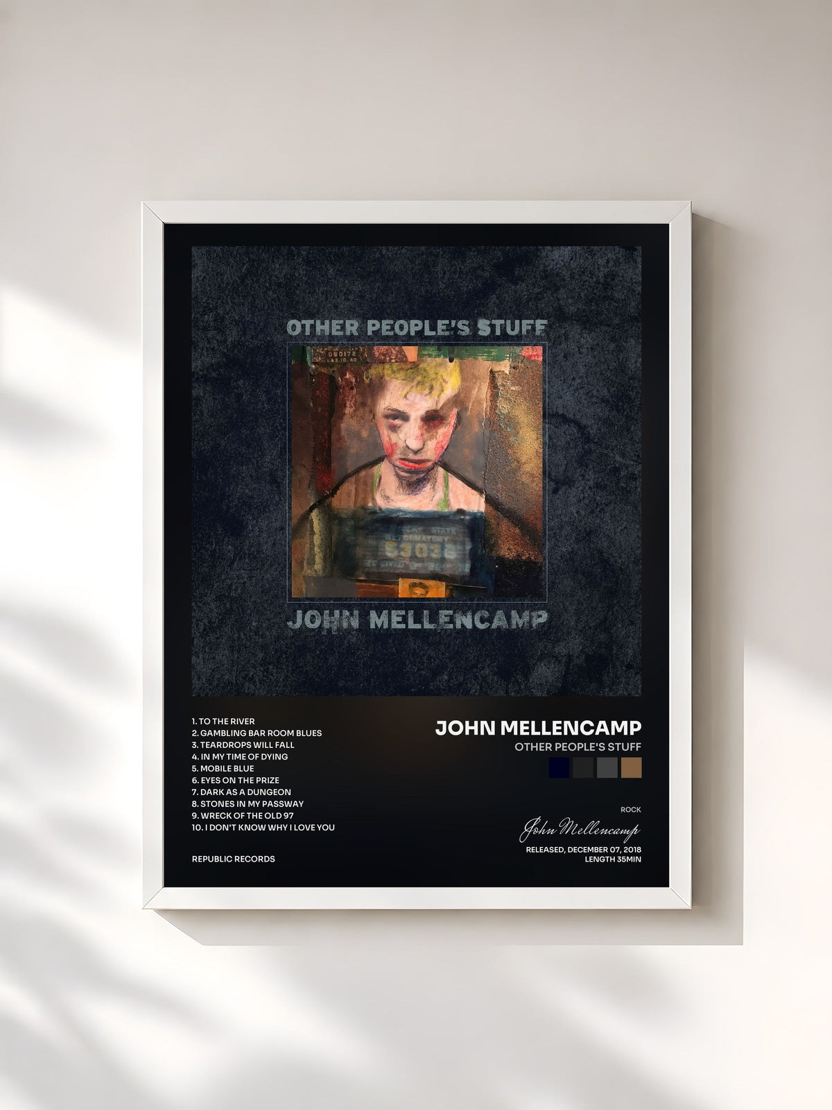 #blanc Other People's Stuff by John Mellencamp as a framed art print, white frame, printed and framed in France