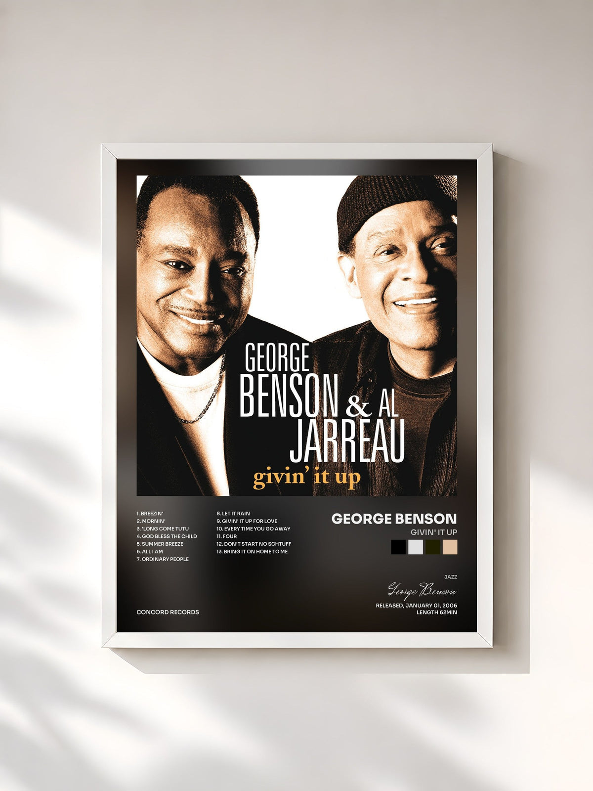 #blanc Tableau de l'album Givin' It Up de George Benson, cadre blanc, imprimé et encadré en France
