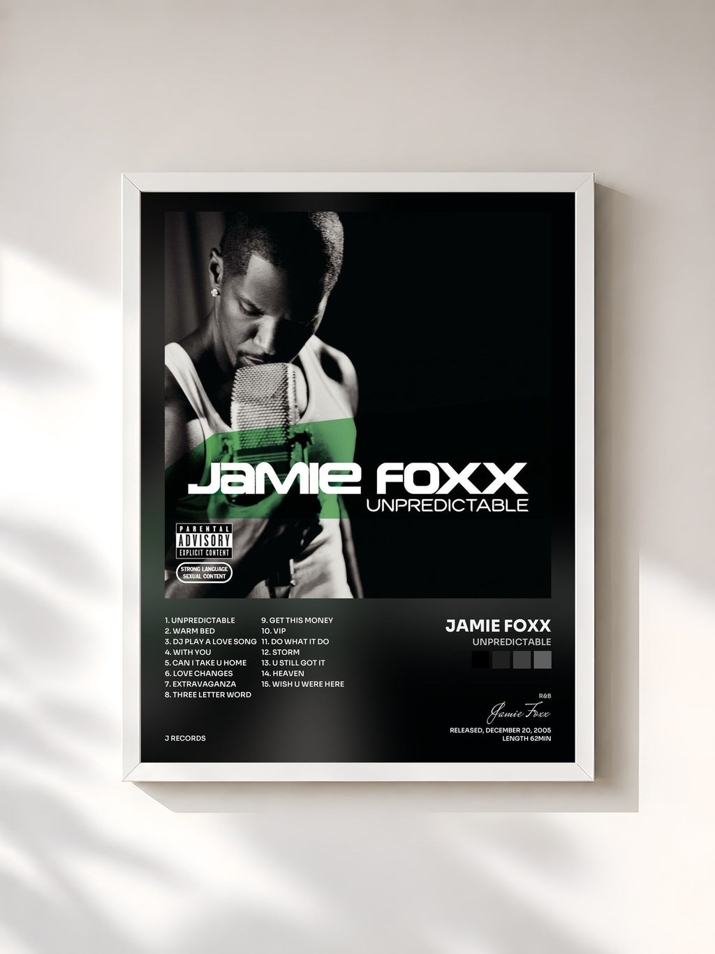 #blanc Tableau de l'album Unpredictable de Jamie Foxx, cadre blanc, imprimé et encadré en France
