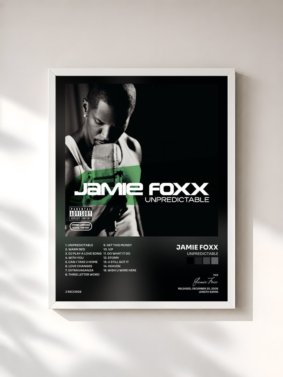 #blanc Tableau de l'album Unpredictable de Jamie Foxx, cadre blanc, imprimé et encadré en France