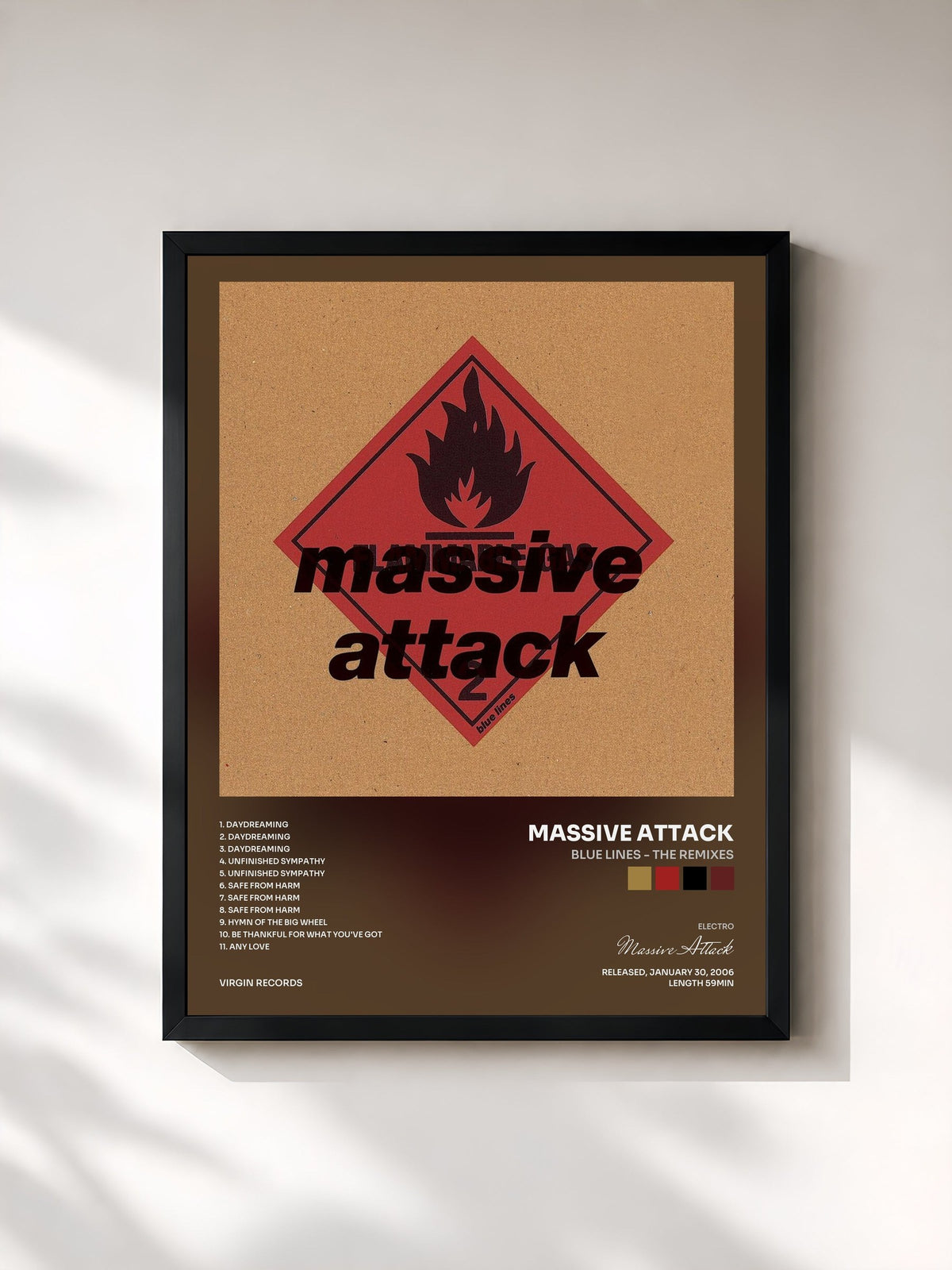 #noir Tableau de l'album Blue Lines - The Remixes de Massive Attack, cadre noir, imprimé et encadré en France