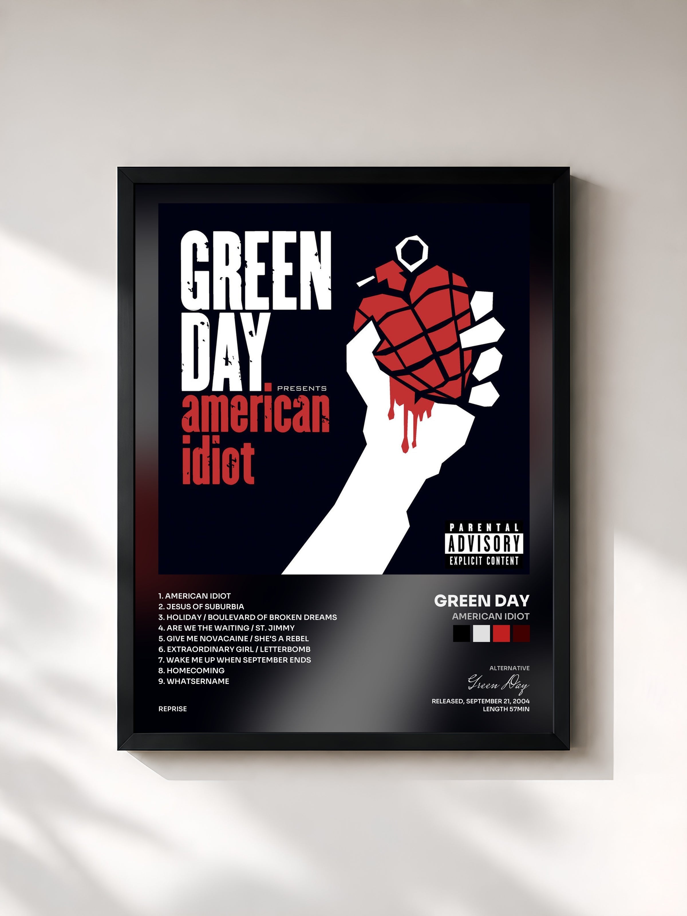 #noir Tableau de l'album American Idiot de Green Day, cadre noir, imprimé et encadré en France