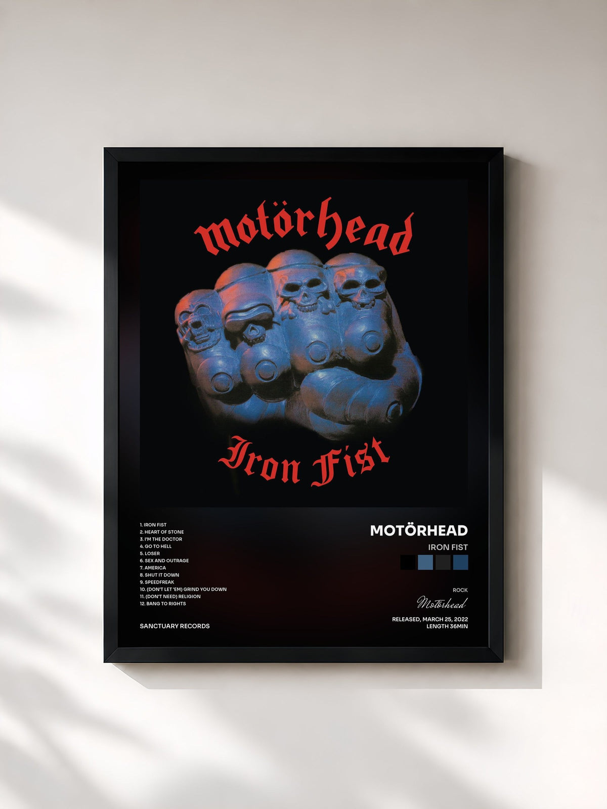 #noir Tableau de l'album Iron Fist de Motörhead, cadre noir, imprimé et encadré en France