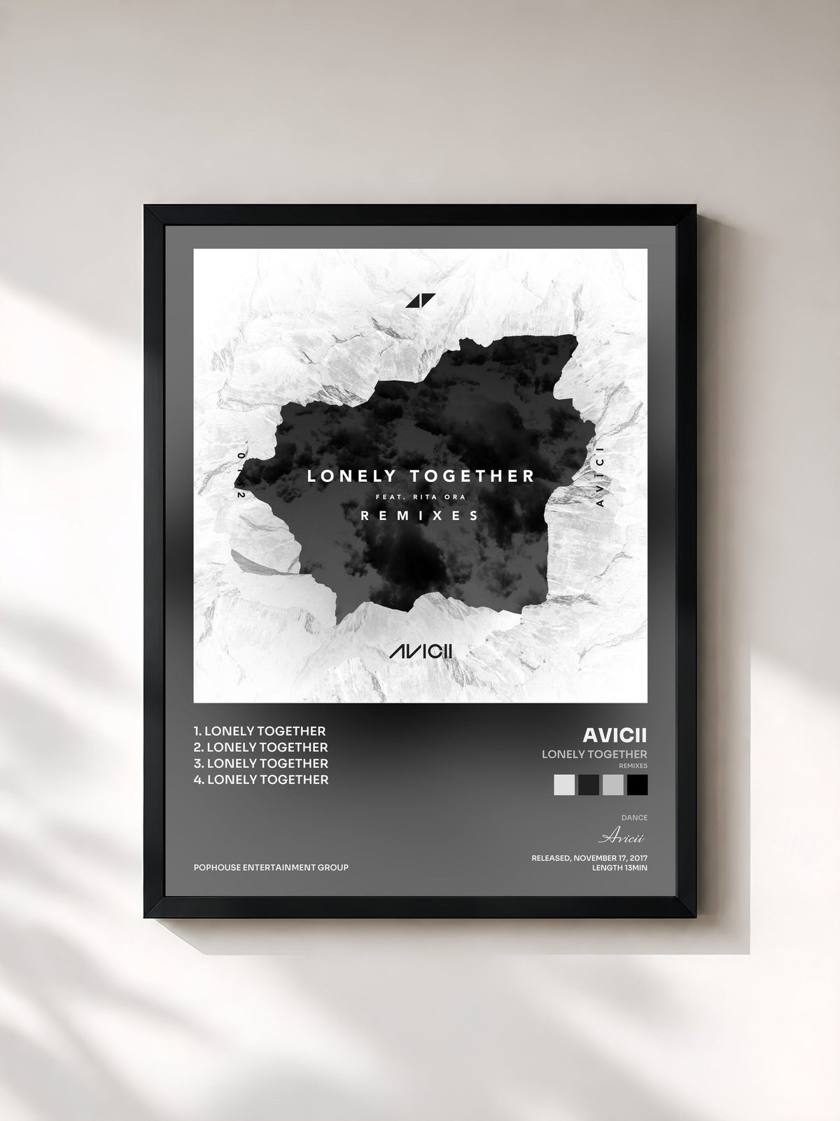 #noir Tableau de l'album Lonely Together (Remixes) de Avicii, cadre noir, imprimé et encadré en France