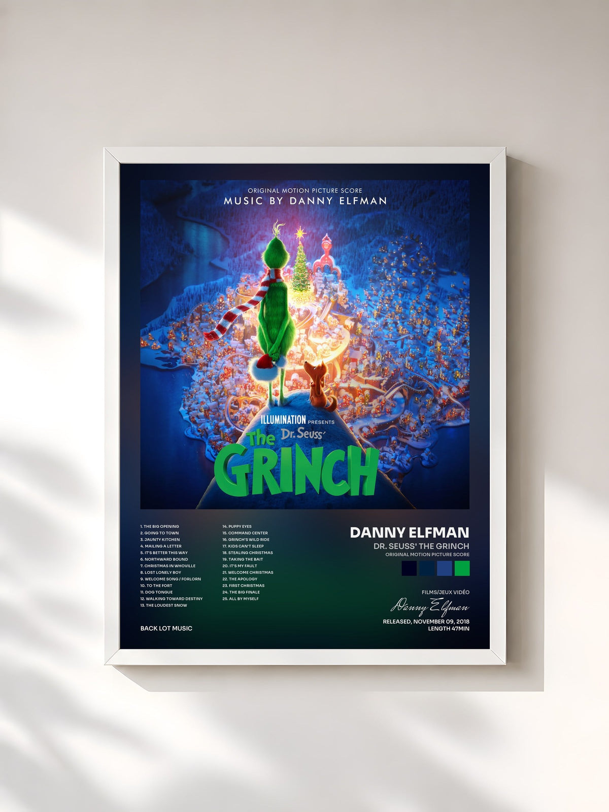 #blanc Tableau de l'album Dr. Seuss' The Grinch (Original Motion Picture Score) de Danny Elfman, cadre blanc, imprimé et encadré en France