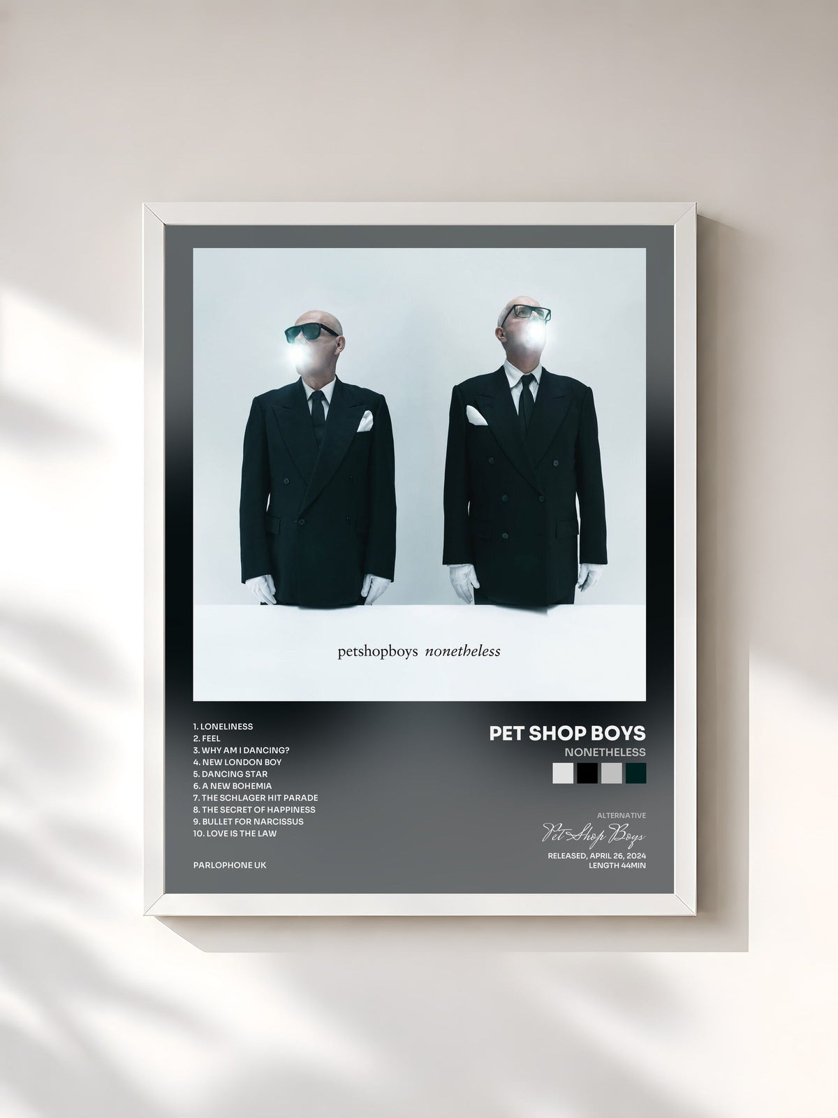 #blanc Tableau de l'album Nonetheless de Pet Shop Boys, cadre blanc, imprimé et encadré en France