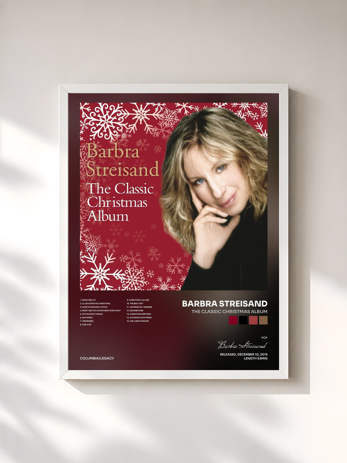 #blanc The Classic Christmas Album de Barbra Streisand en lámina enmarcada, marco blanco, impresa y enmarcada en Francia