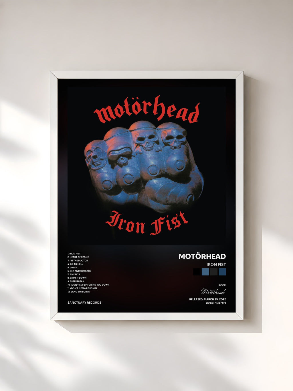 #blanc Tableau de l'album Iron Fist de Motörhead, cadre blanc, imprimé et encadré en France
