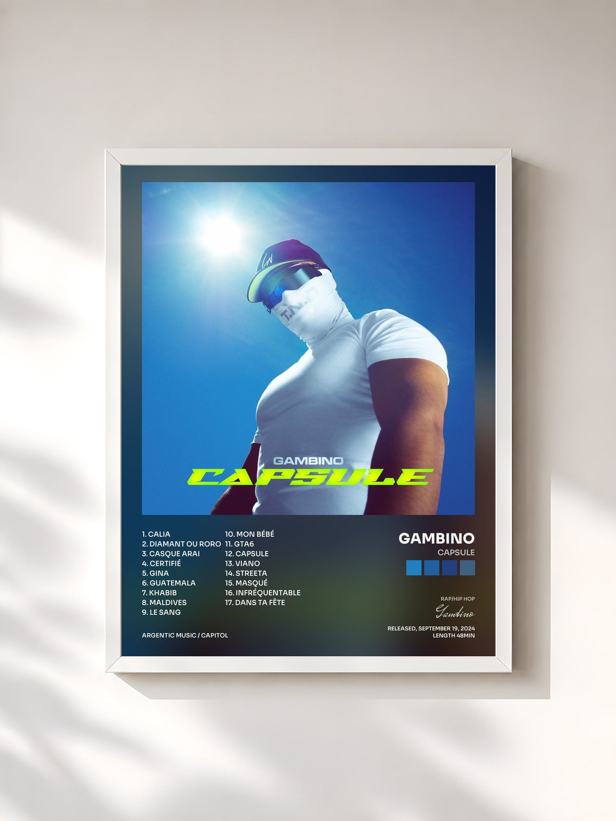 #blanc Tableau de l'album CAPSULE de Gambino, cadre blanc, imprimé et encadré en France