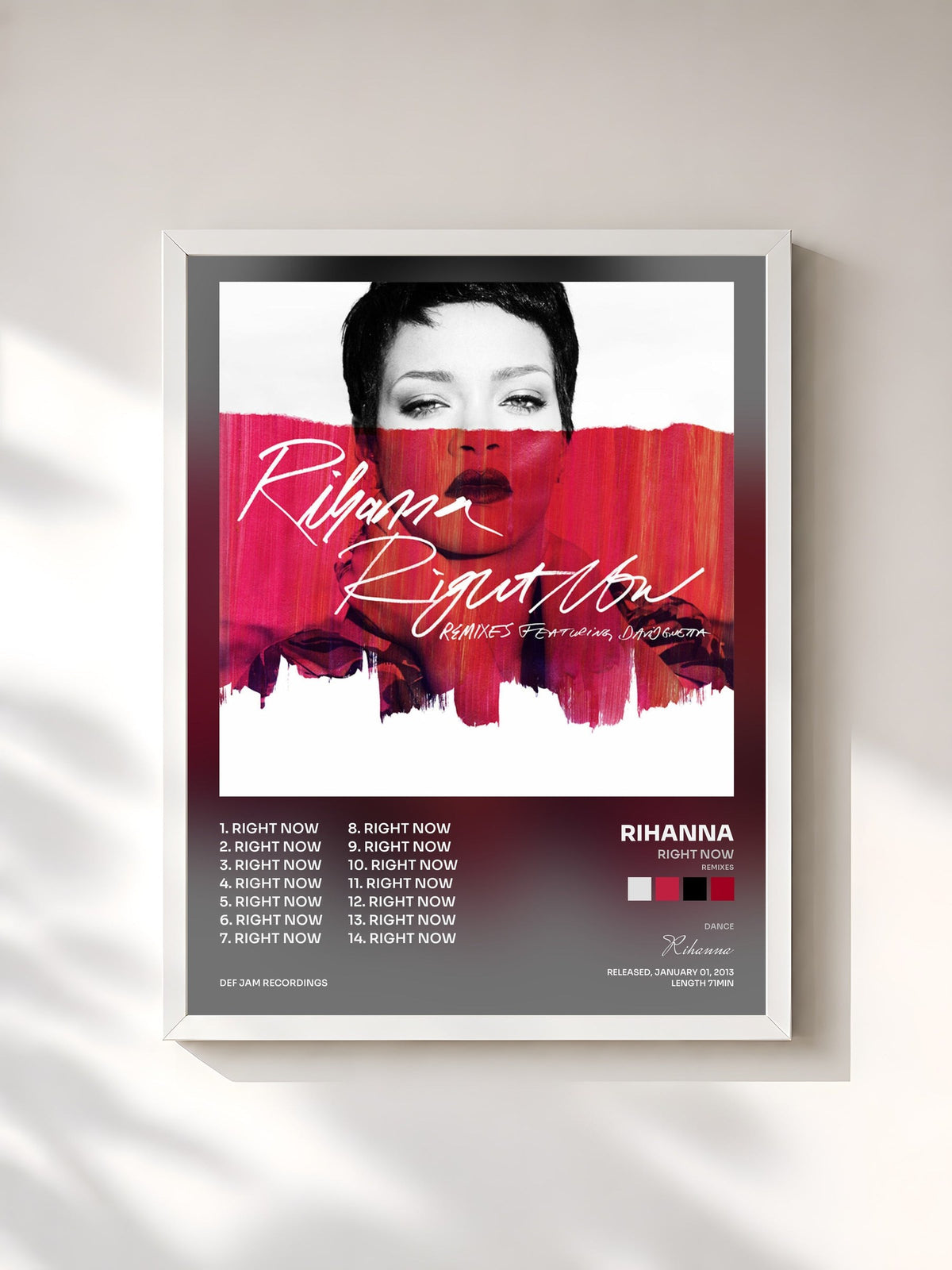 #blanc Tableau de l'album Right Now (Remixes) de Rihanna, cadre blanc, imprimé et encadré en France