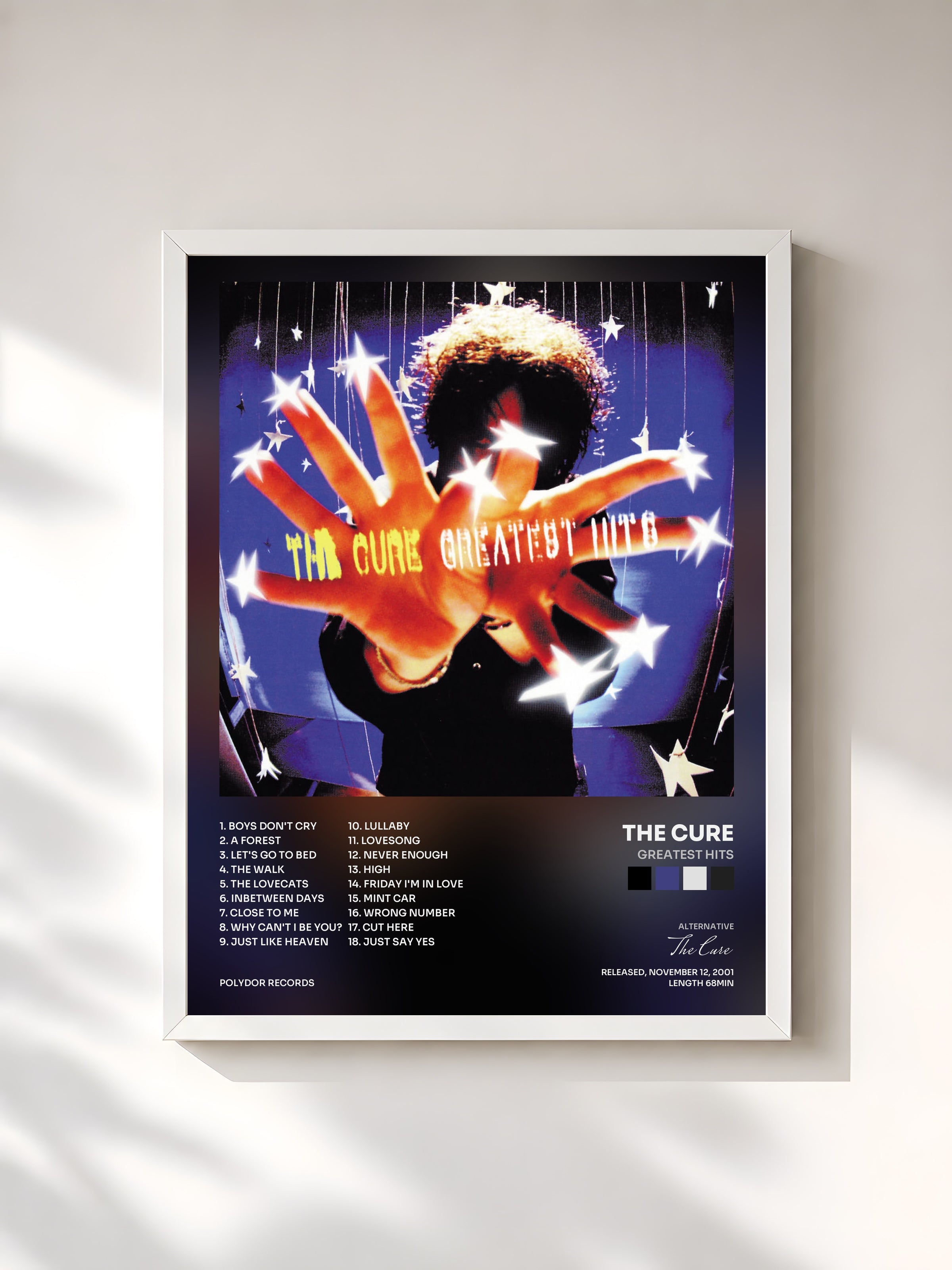 #blanc Tableau de l'album Greatest Hits de The Cure, cadre blanc, imprimé et encadré en France