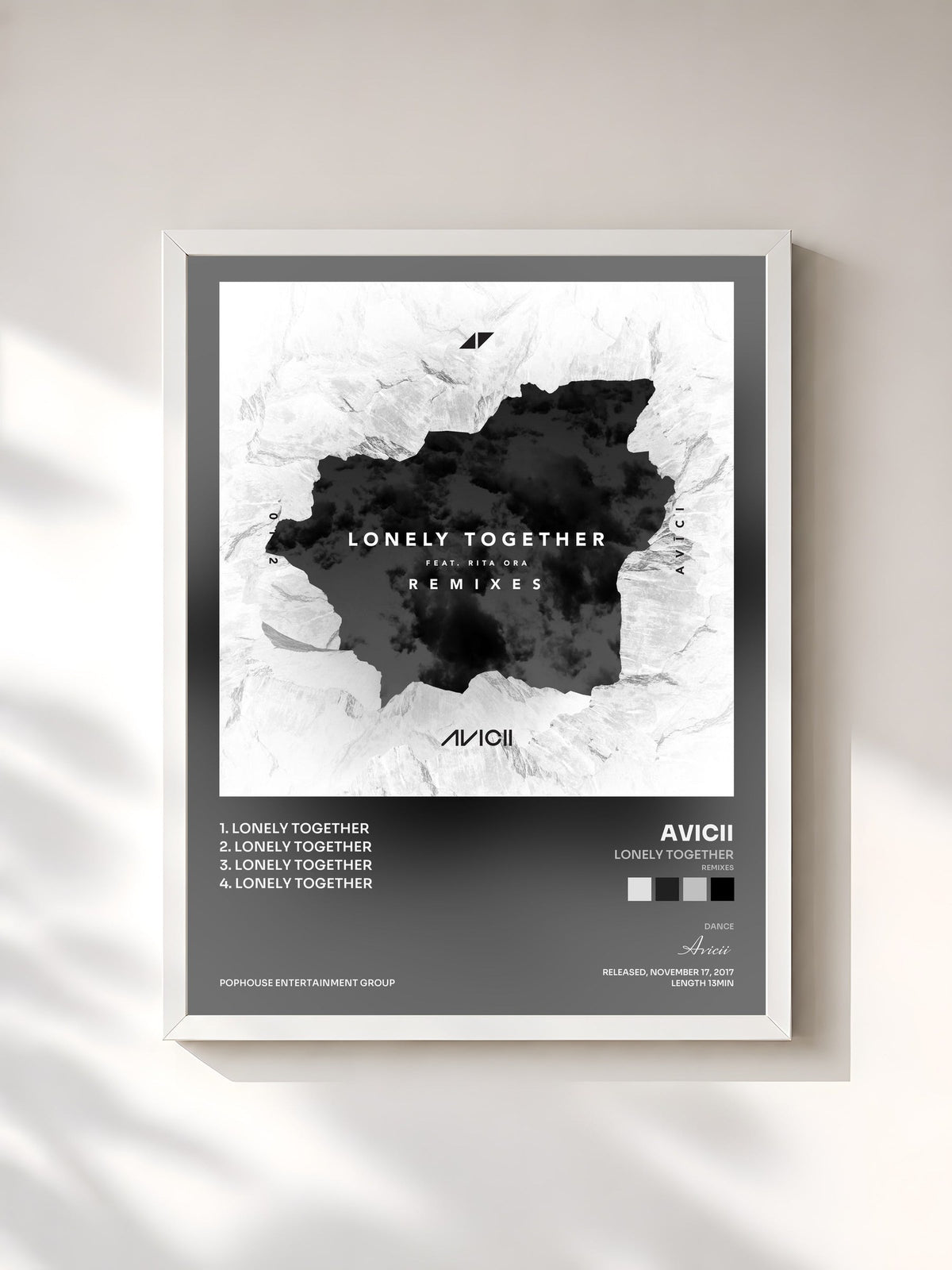 #blanc Tableau de l'album Lonely Together (Remixes) de Avicii, cadre blanc, imprimé et encadré en France