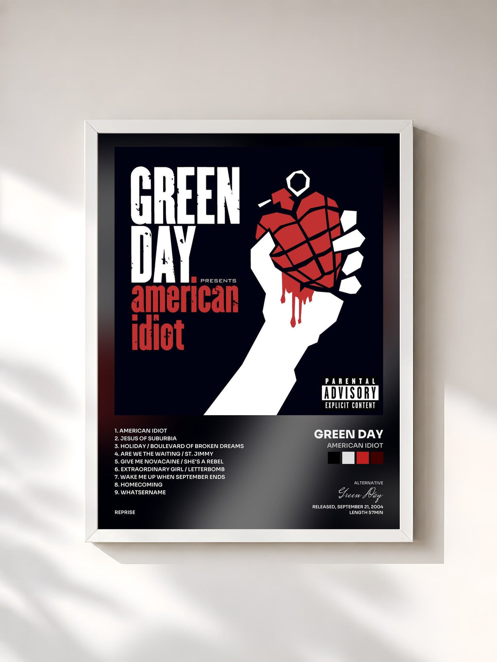 #blanc Tableau de l'album American Idiot de Green Day, cadre blanc, imprimé et encadré en France