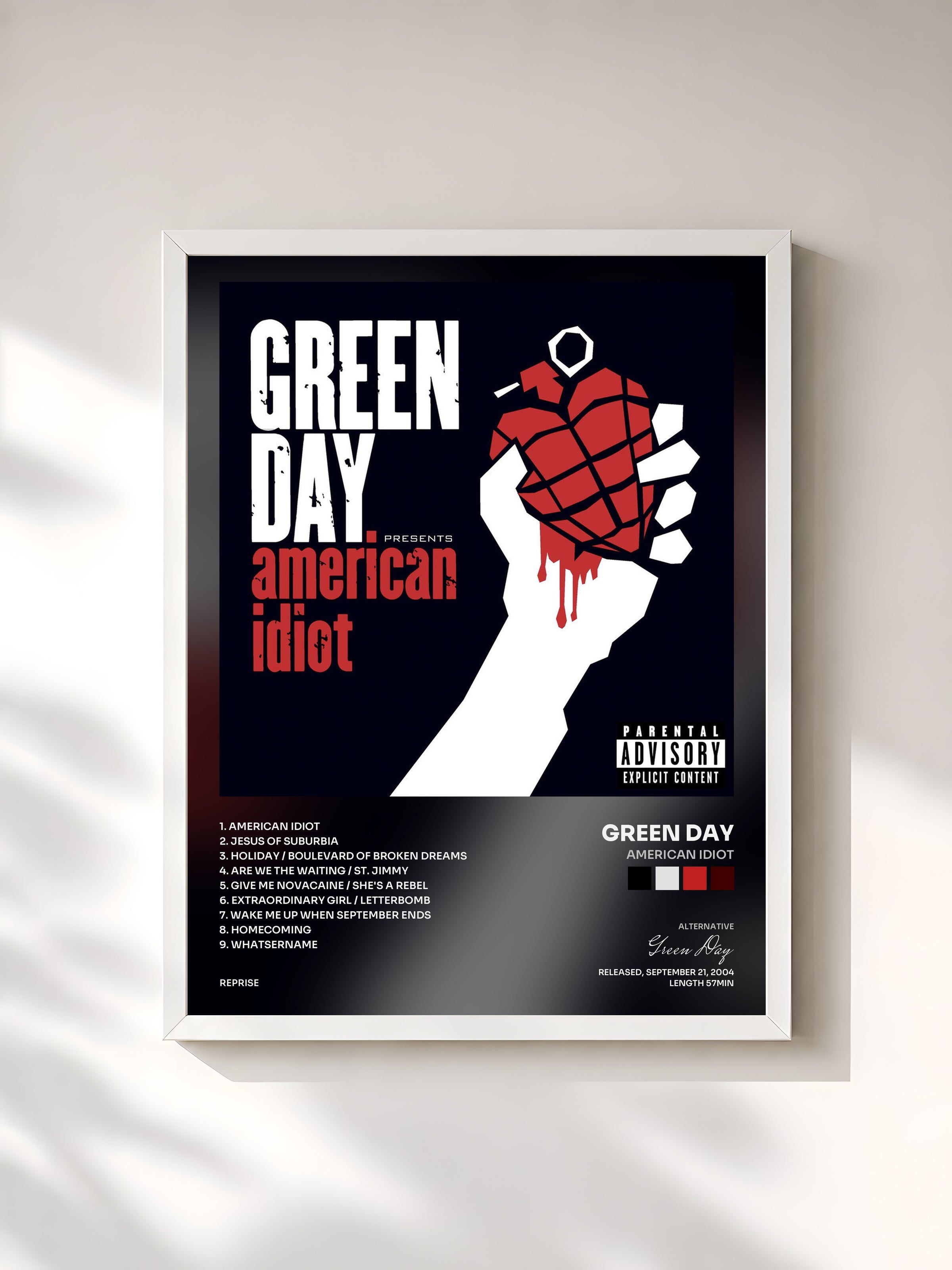#blanc Tableau de l'album American Idiot de Green Day, cadre blanc, imprimé et encadré en France
