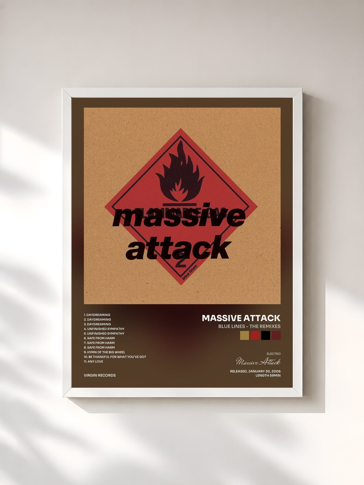 #blanc Tableau de l'album Blue Lines - The Remixes de Massive Attack, cadre blanc, imprimé et encadré en France