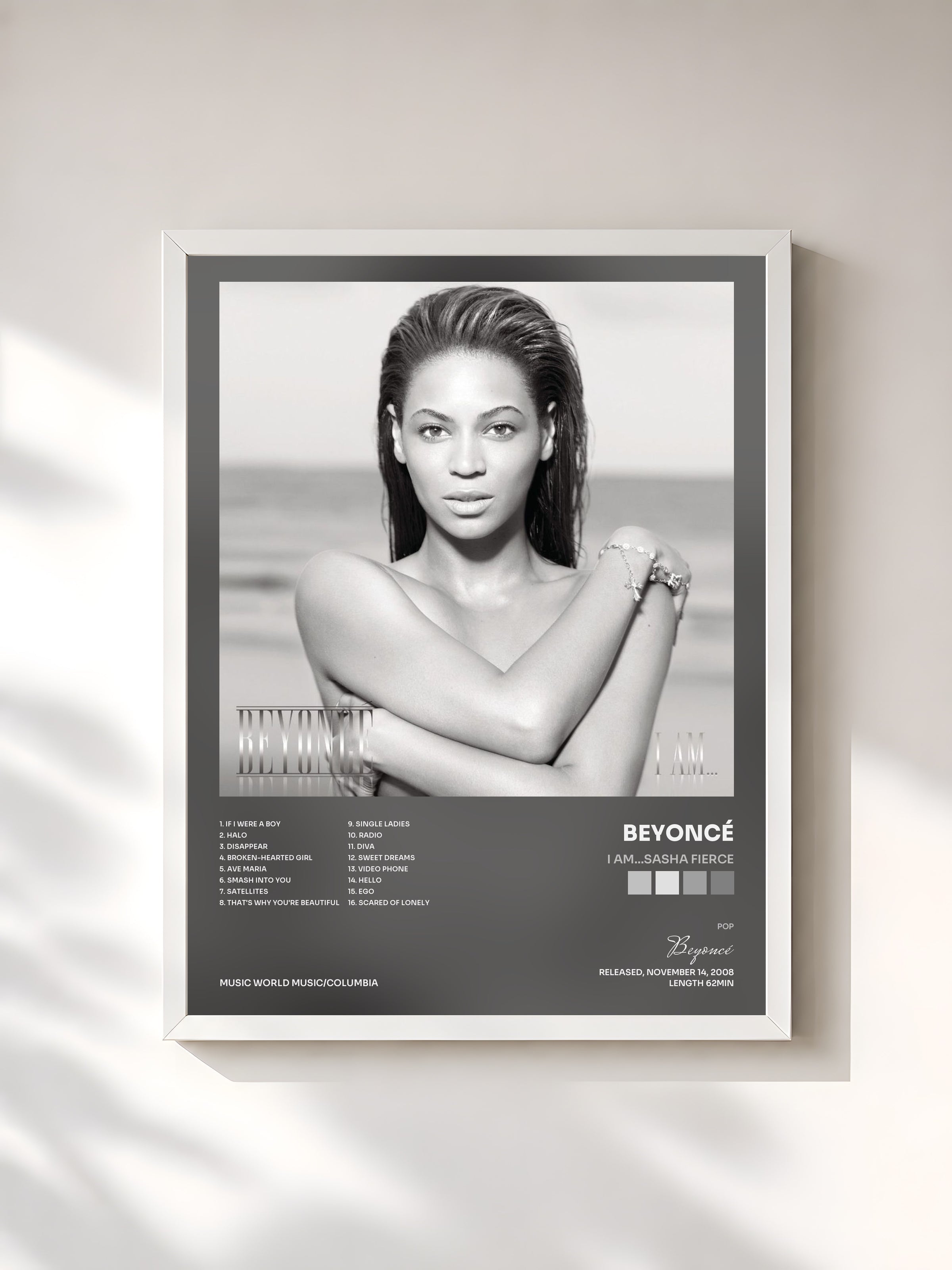 #blanc Tableau de l'album I AM...SASHA FIERCE de Beyoncé, cadre blanc, imprimé et encadré en France