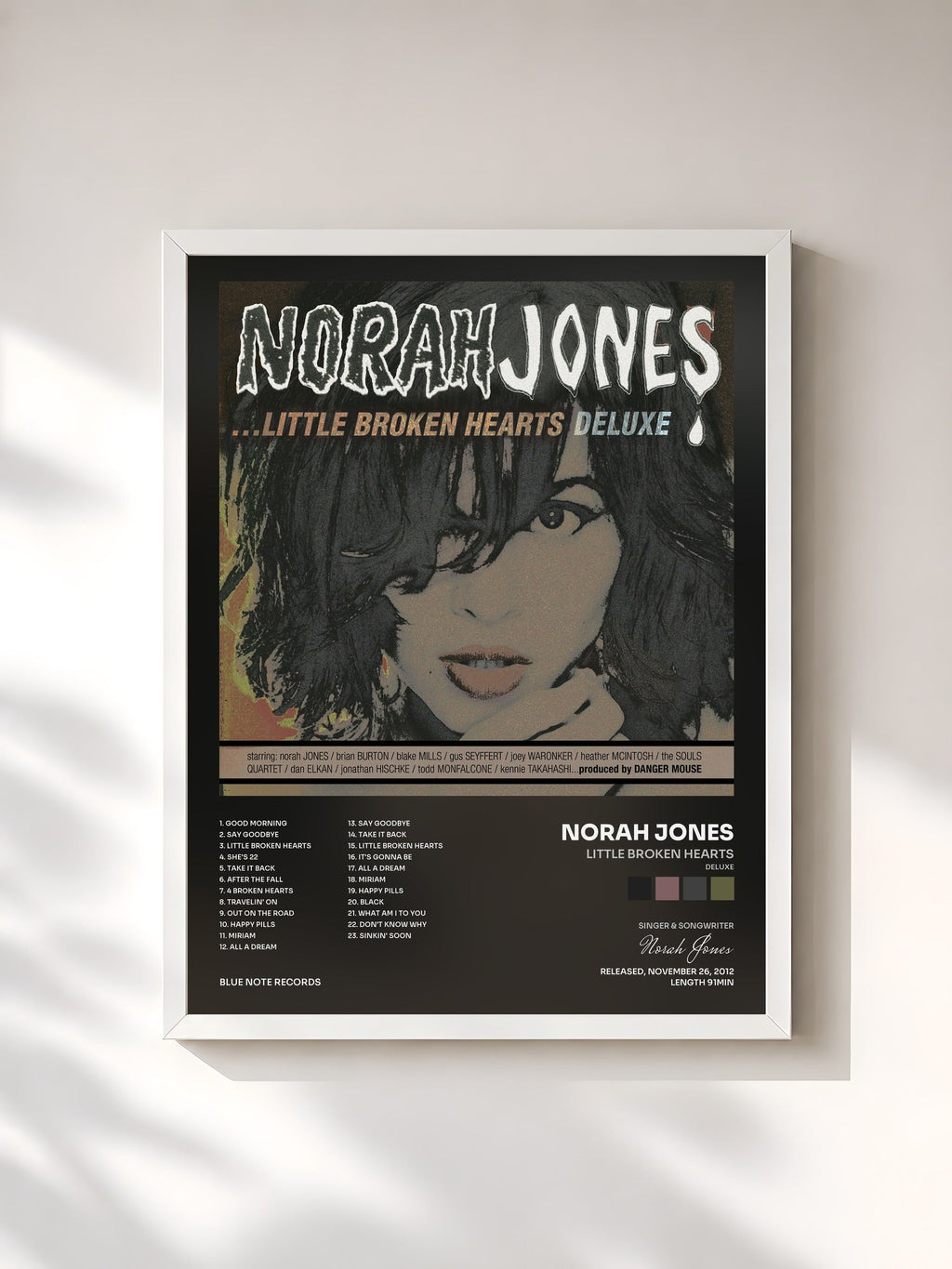 #blanc Tableau de l'album Little Broken Hearts (Deluxe) de Norah Jones, cadre blanc, imprimé et encadré en France
