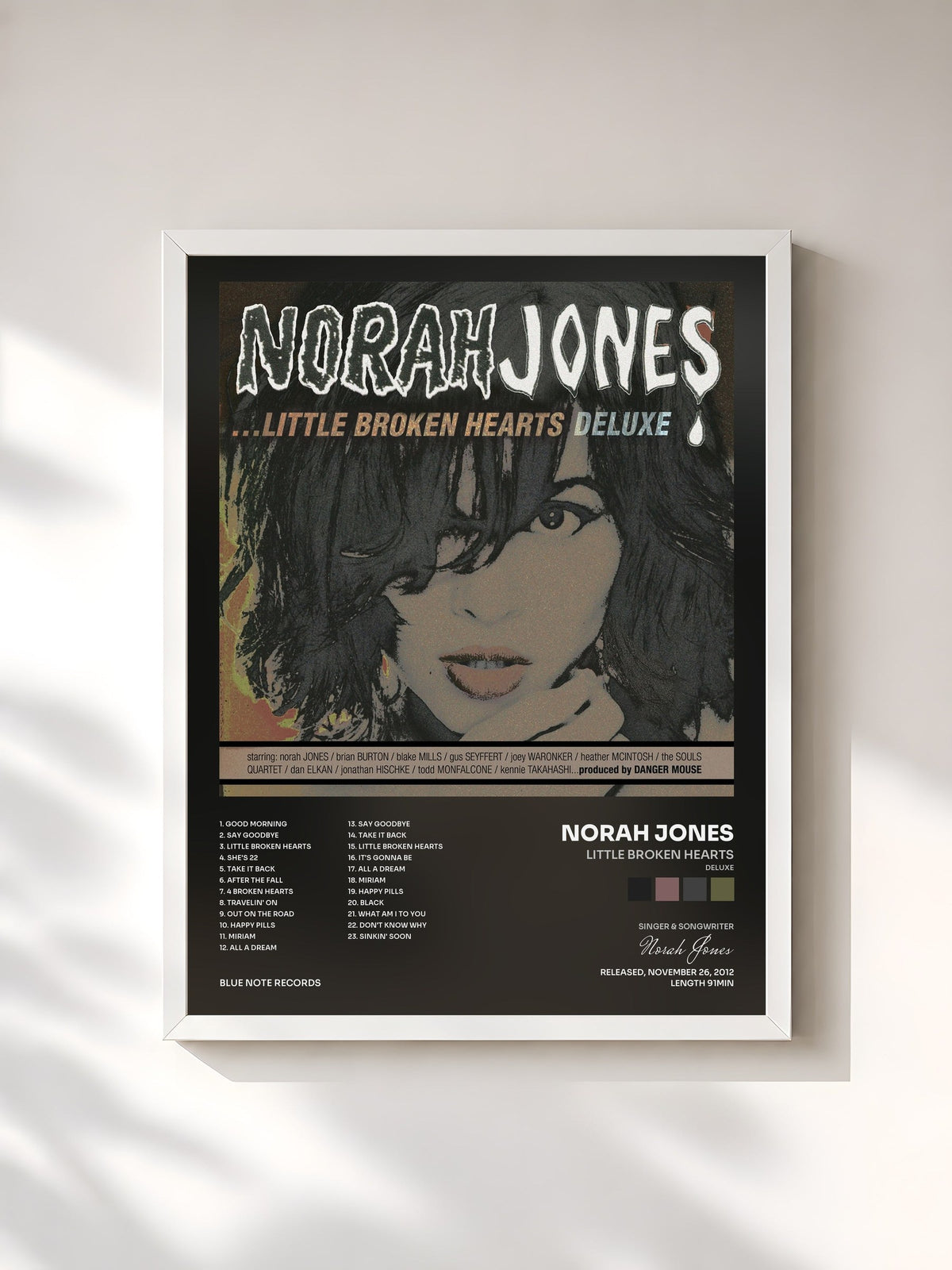 #blanc Tableau de l'album Little Broken Hearts (Deluxe) de Norah Jones, cadre blanc, imprimé et encadré en France