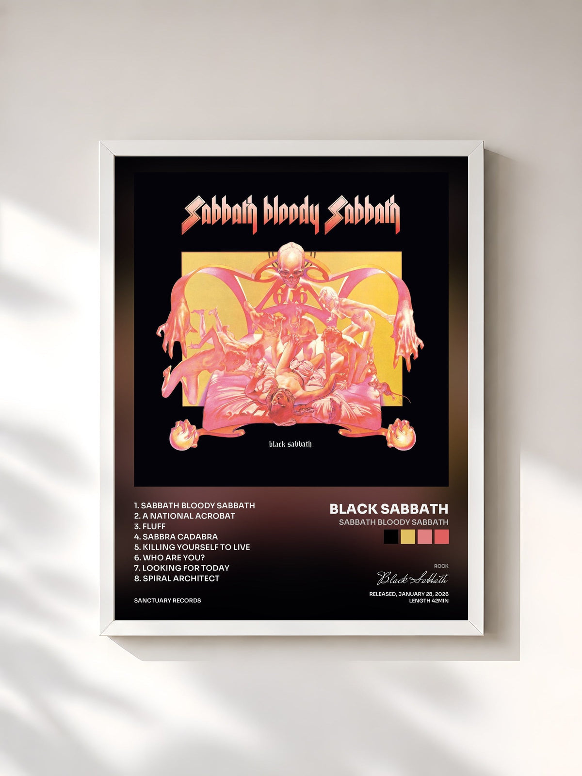 #blanc Tableau de l'album Sabbath Bloody Sabbath de Black Sabbath, cadre blanc, imprimé et encadré en France