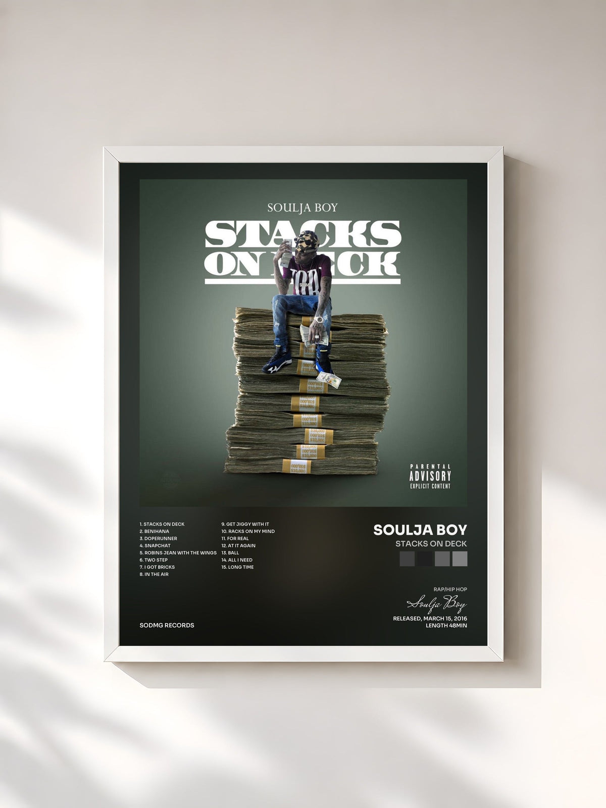 #blanc Stacks on Deck by Soulja Boy as a framed art print, white frame, printed and framed in France