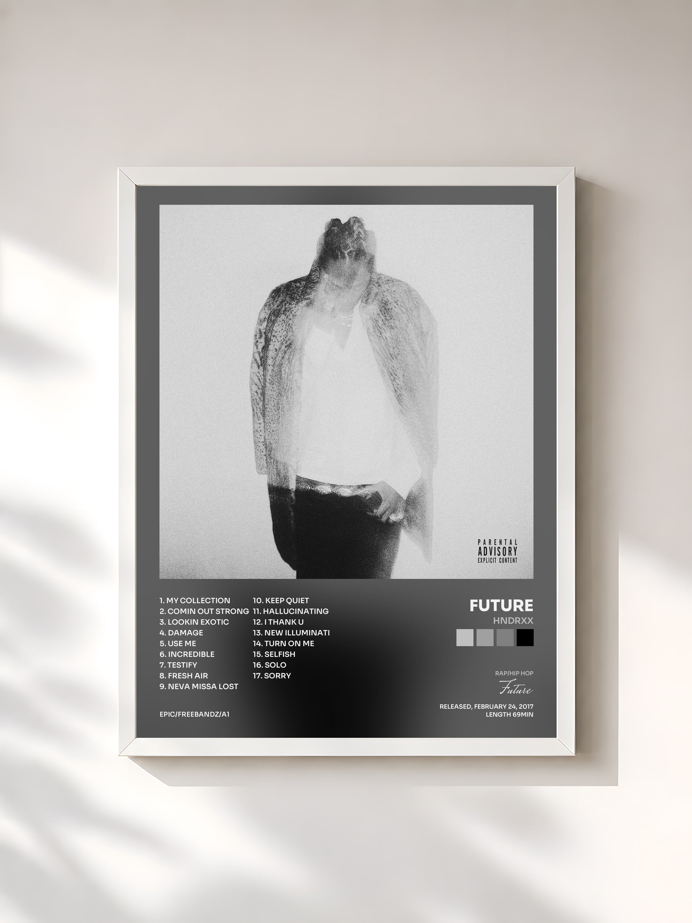 #blanc Tableau de l'album HNDRXX de Future, cadre blanc, imprimé et encadré en France