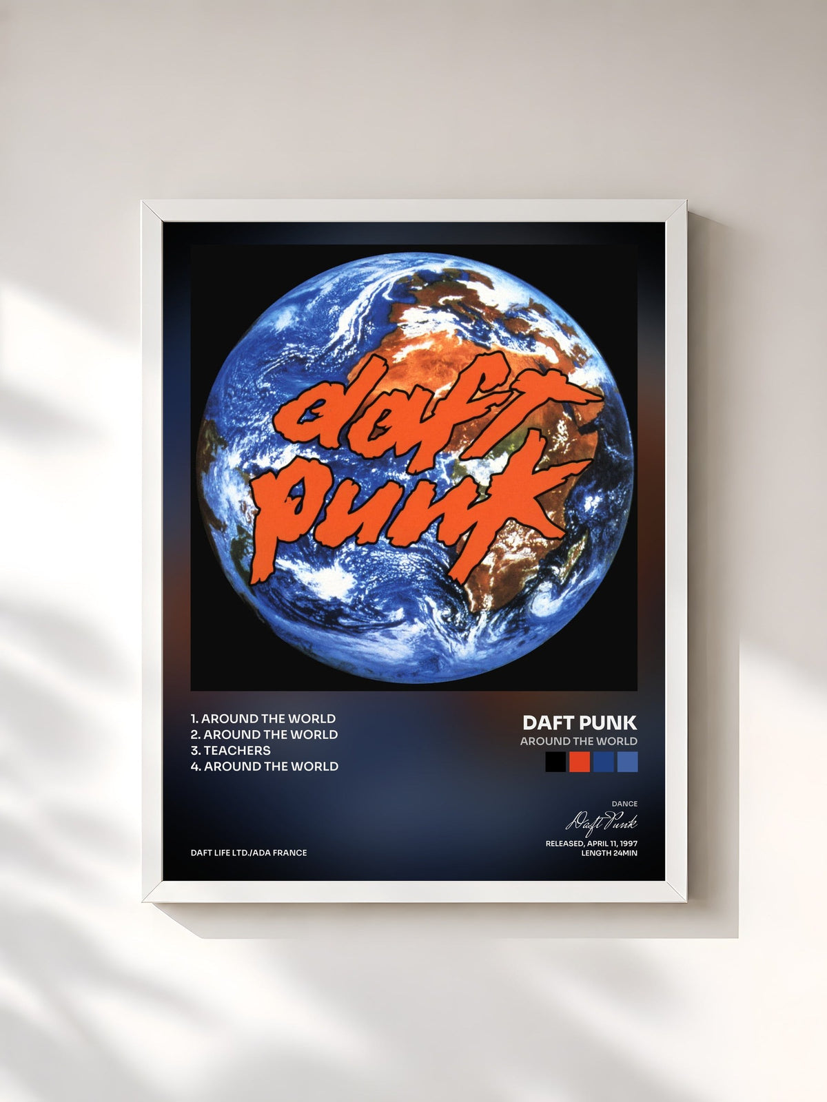 #blanc Tableau de l'album Around the World de Daft Punk, cadre blanc, imprimé et encadré en France