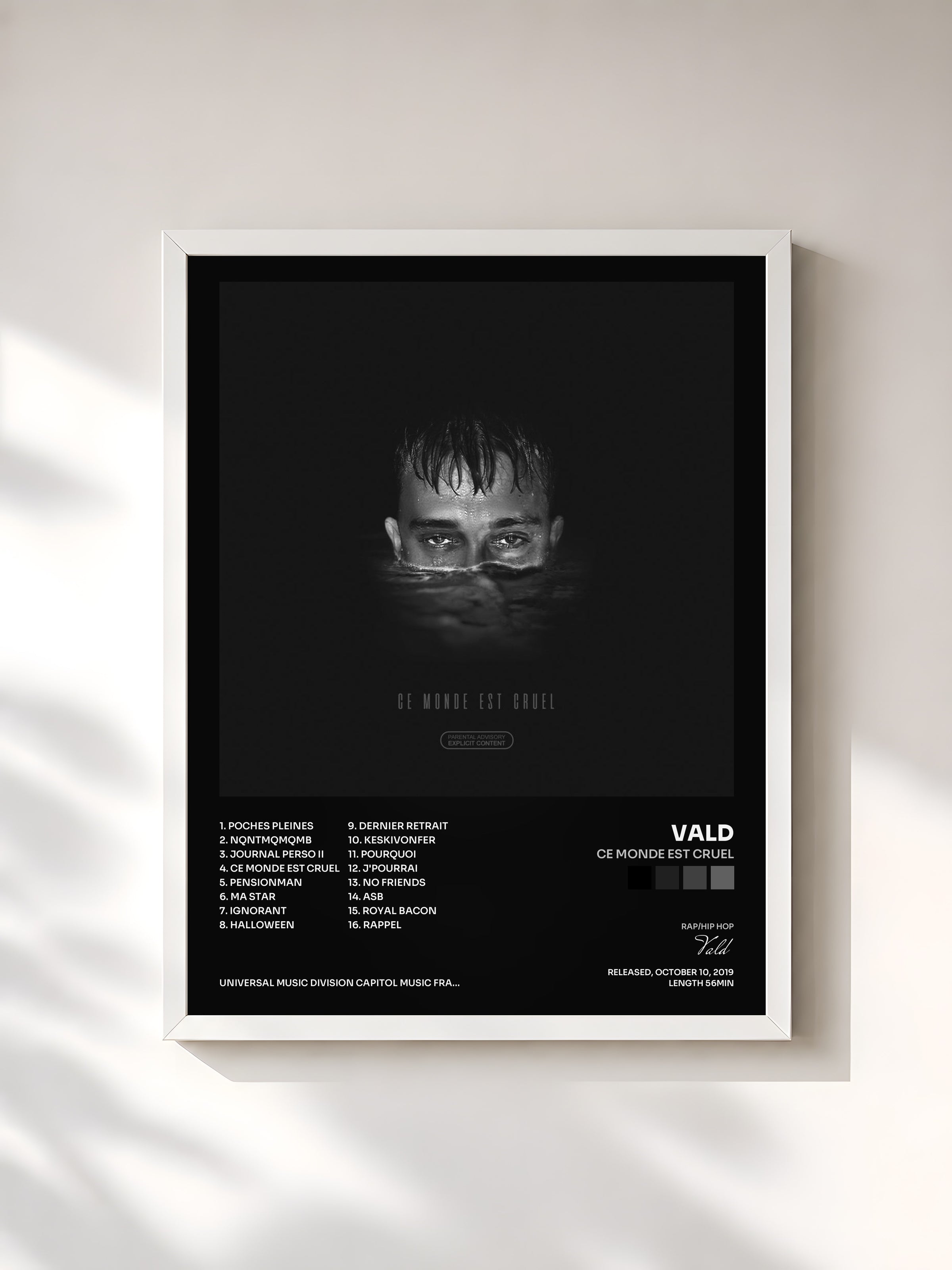 #blanc Tableau de l'album Ce monde est cruel de Vald, cadre blanc, imprimé et encadré en France