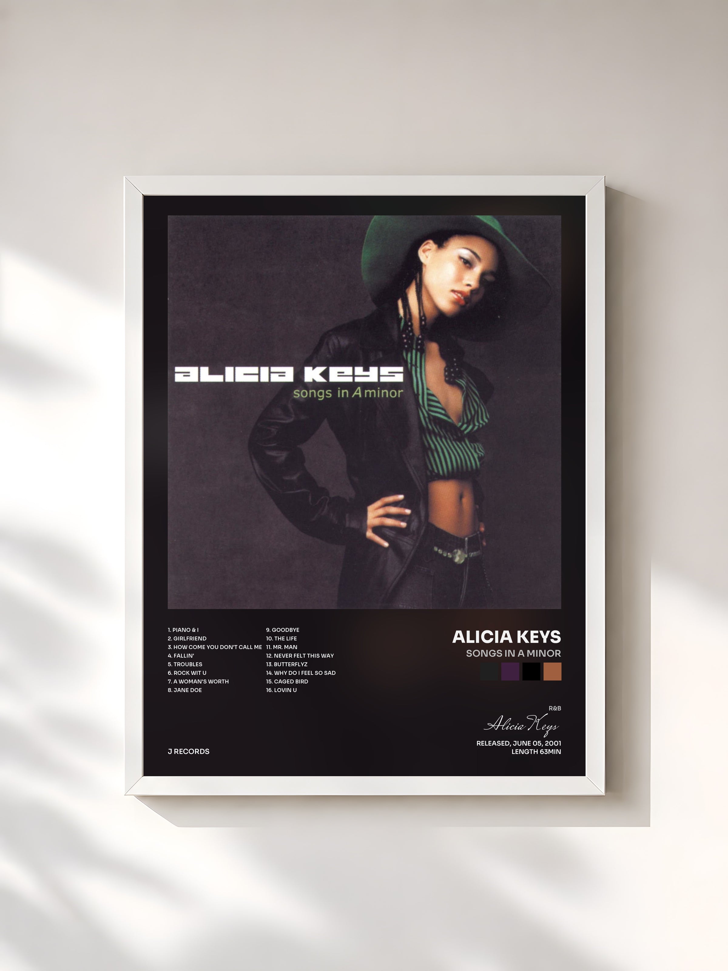 #blanc Songs In A Minor by Alicia Keys as a framed art print, white frame, printed and framed in France