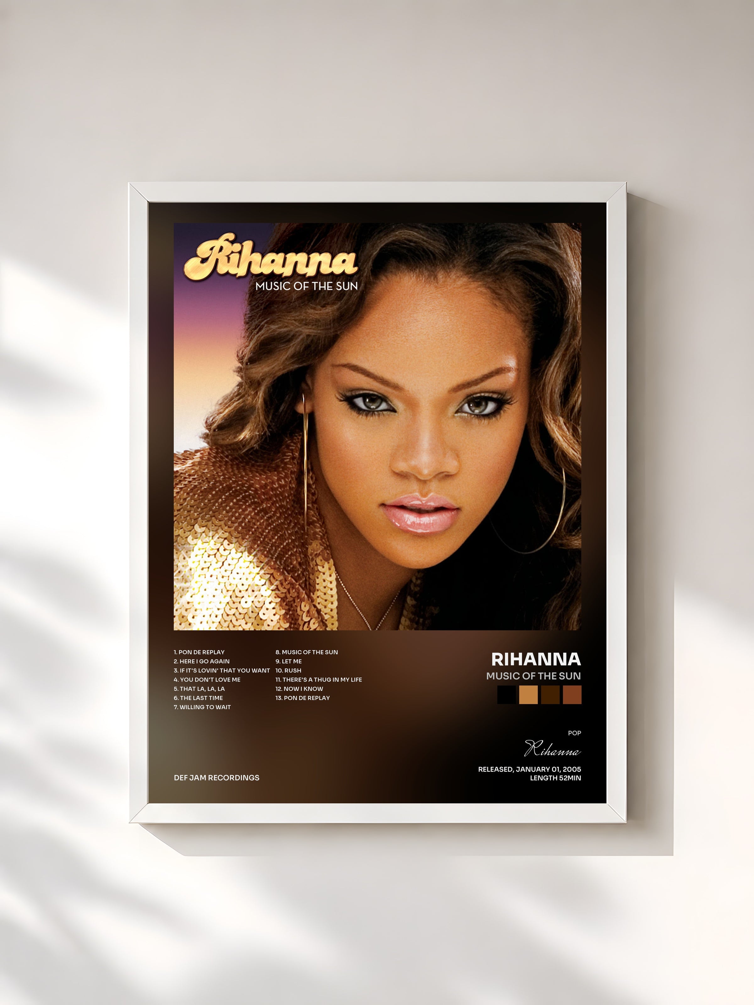 #blanc Music Of The Sun by Rihanna as a framed art print, white frame, printed and framed in France