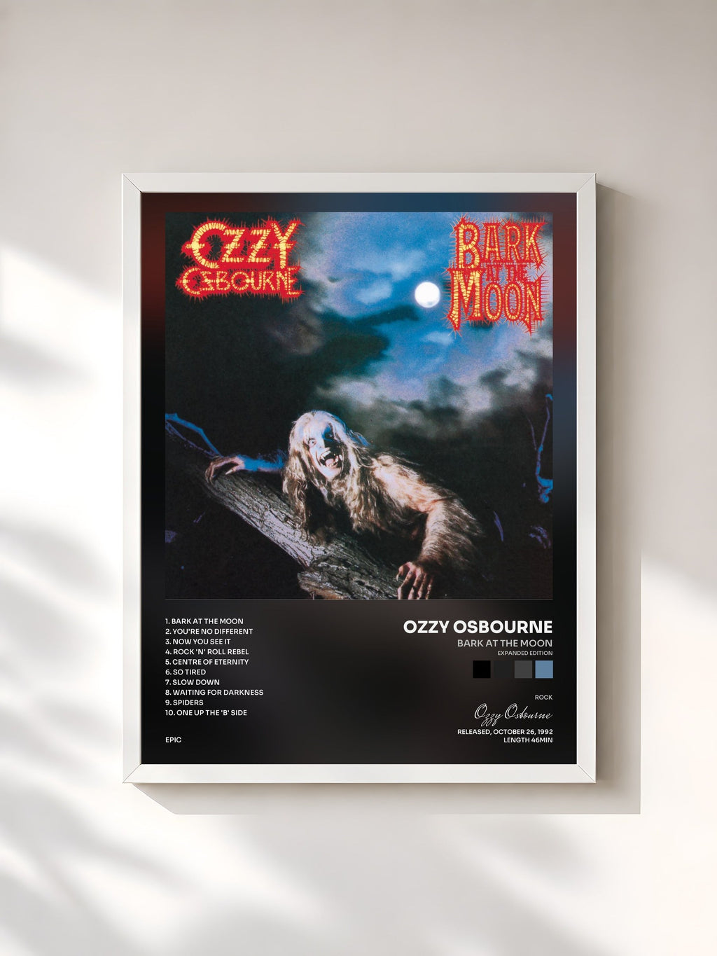 #blanc Bark At The Moon (Expanded Edition) de Ozzy Osbourne en lámina enmarcada, marco blanco, impresa y enmarcada en Francia