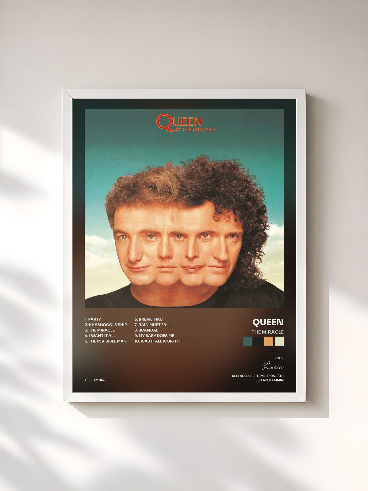 #blanc Tableau de l'album The Miracle de Queen, cadre blanc, imprimé et encadré en France