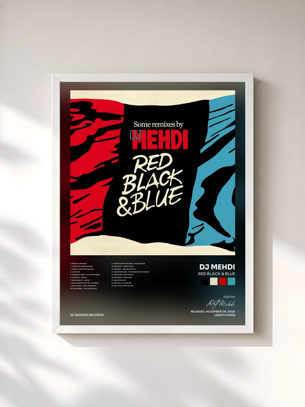 #blanc Tableau de l'album Red Black & Blue de DJ Mehdi, cadre blanc, imprimé et encadré en France
