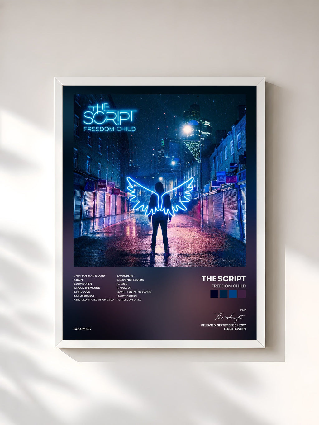 #blanc Tableau de l'album Freedom Child de The Script, cadre blanc, imprimé et encadré en France