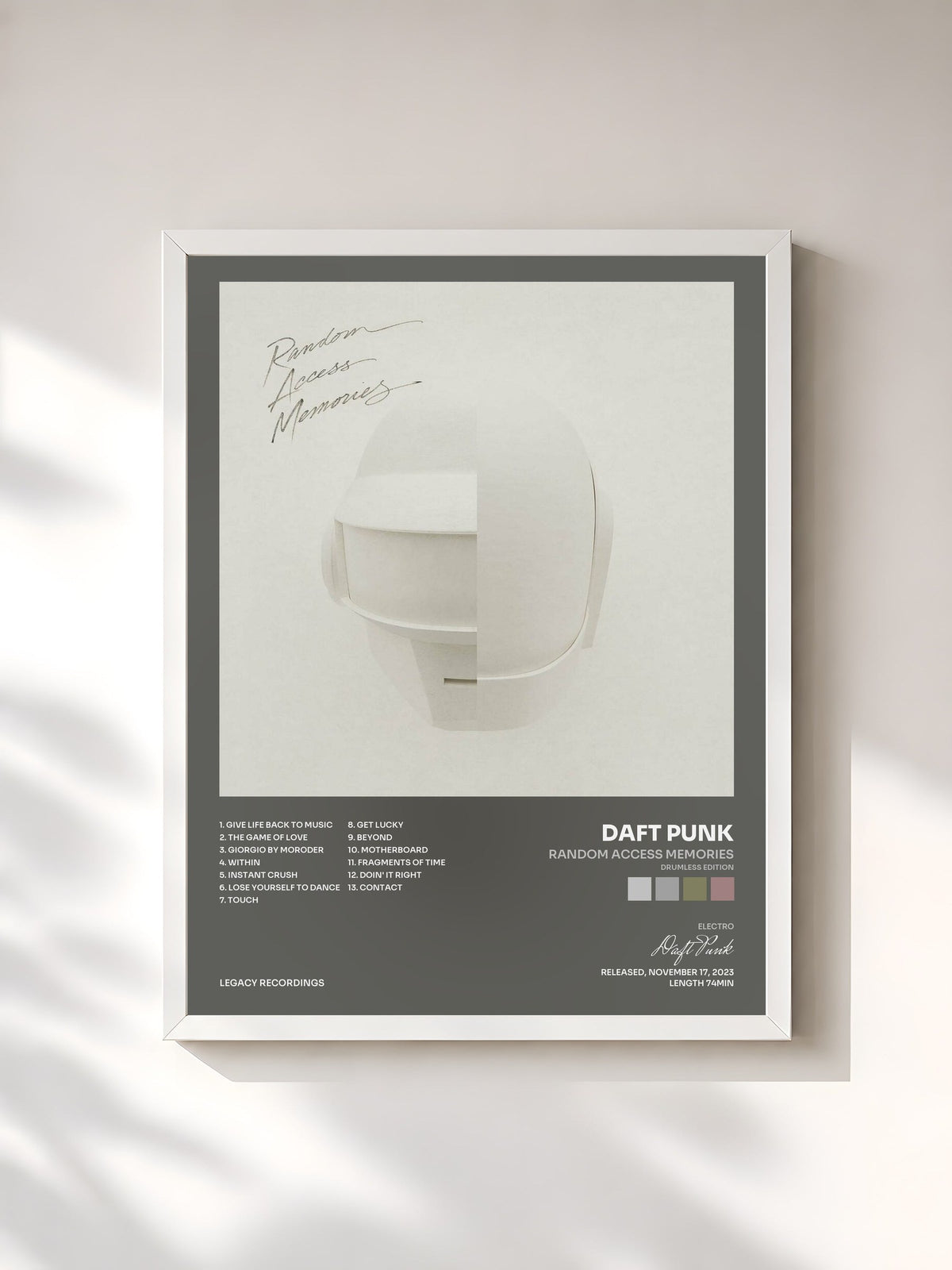 #blanc Tableau de l'album Random Access Memories (Drumless Edition) de Daft Punk, cadre blanc, imprimé et encadré en France