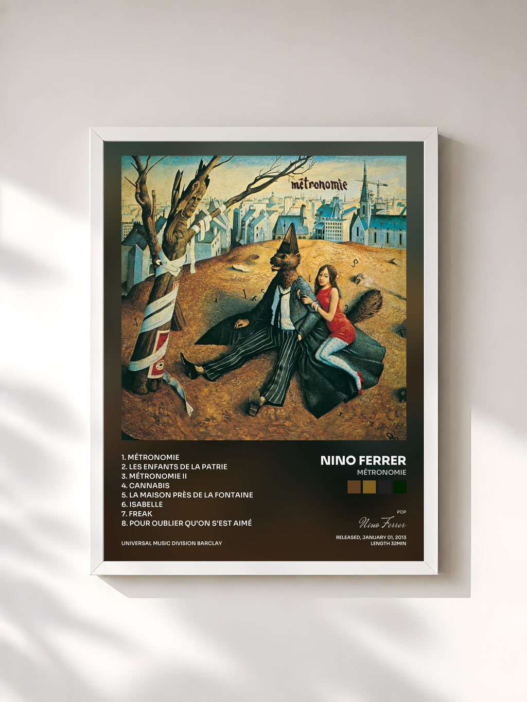 #blanc Tableau de l'album Métronomie de Nino Ferrer, cadre blanc, imprimé et encadré en France