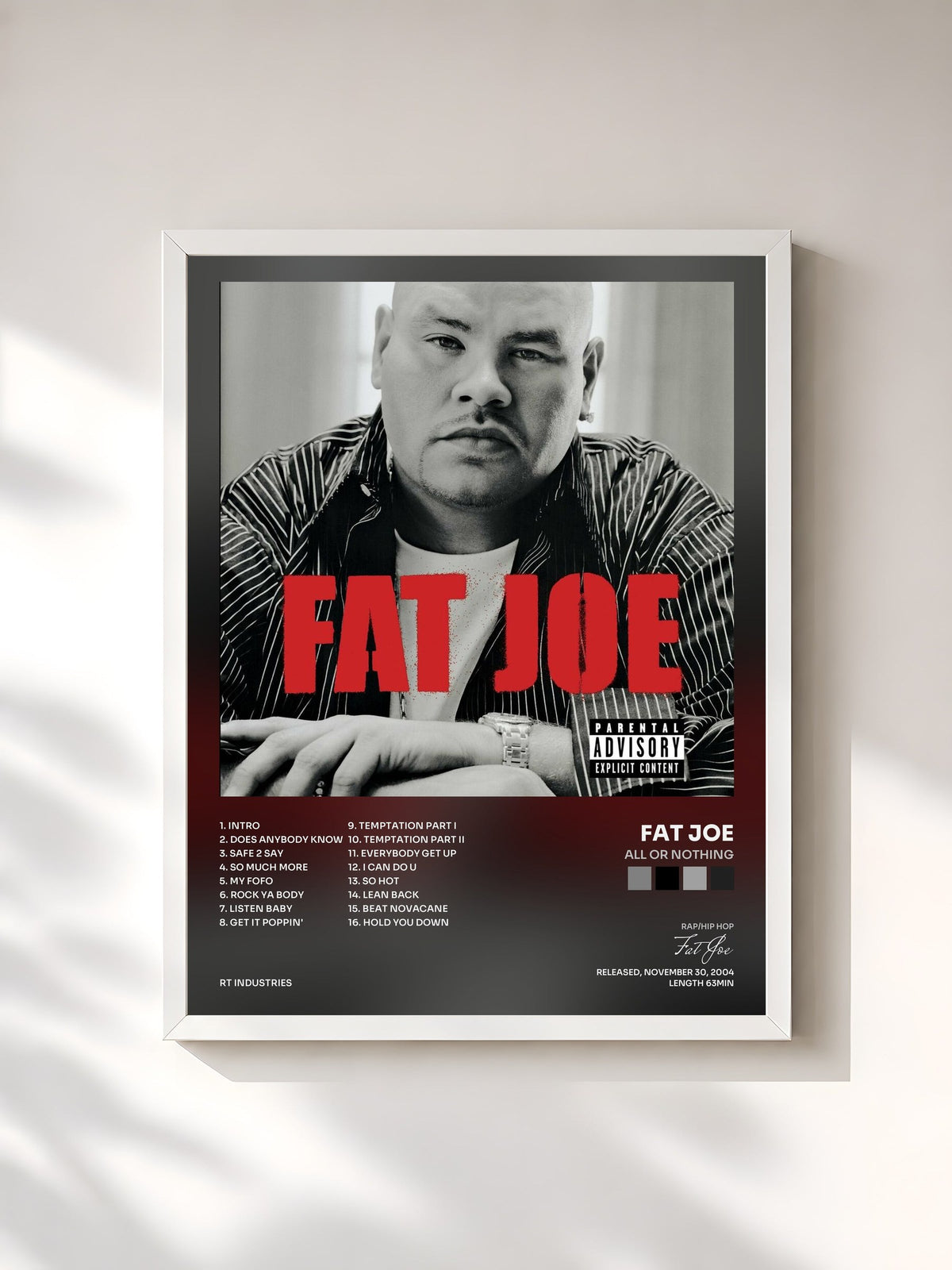 #blanc Tableau de l'album All Or Nothing de Fat Joe, cadre blanc, imprimé et encadré en France