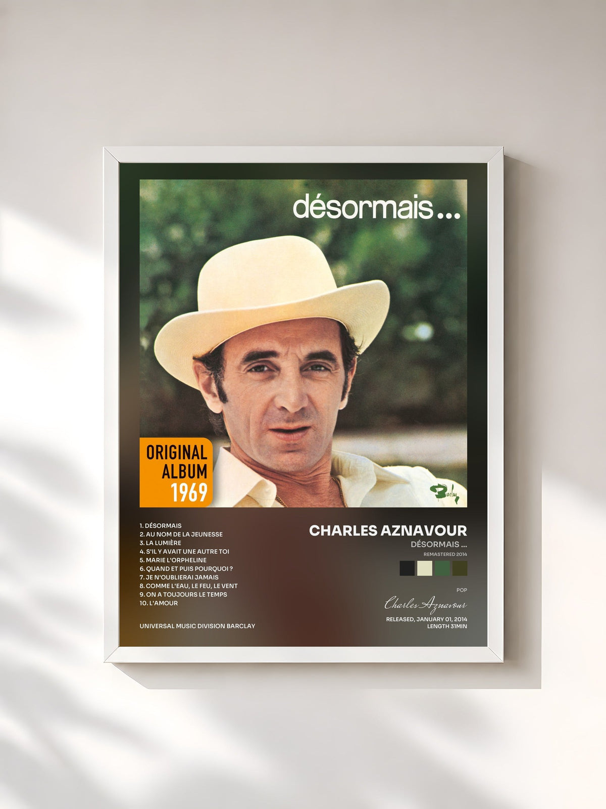 #blanc Tableau de l'album Désormais ... (Remastered 2014) de Charles Aznavour, cadre blanc, imprimé et encadré en France