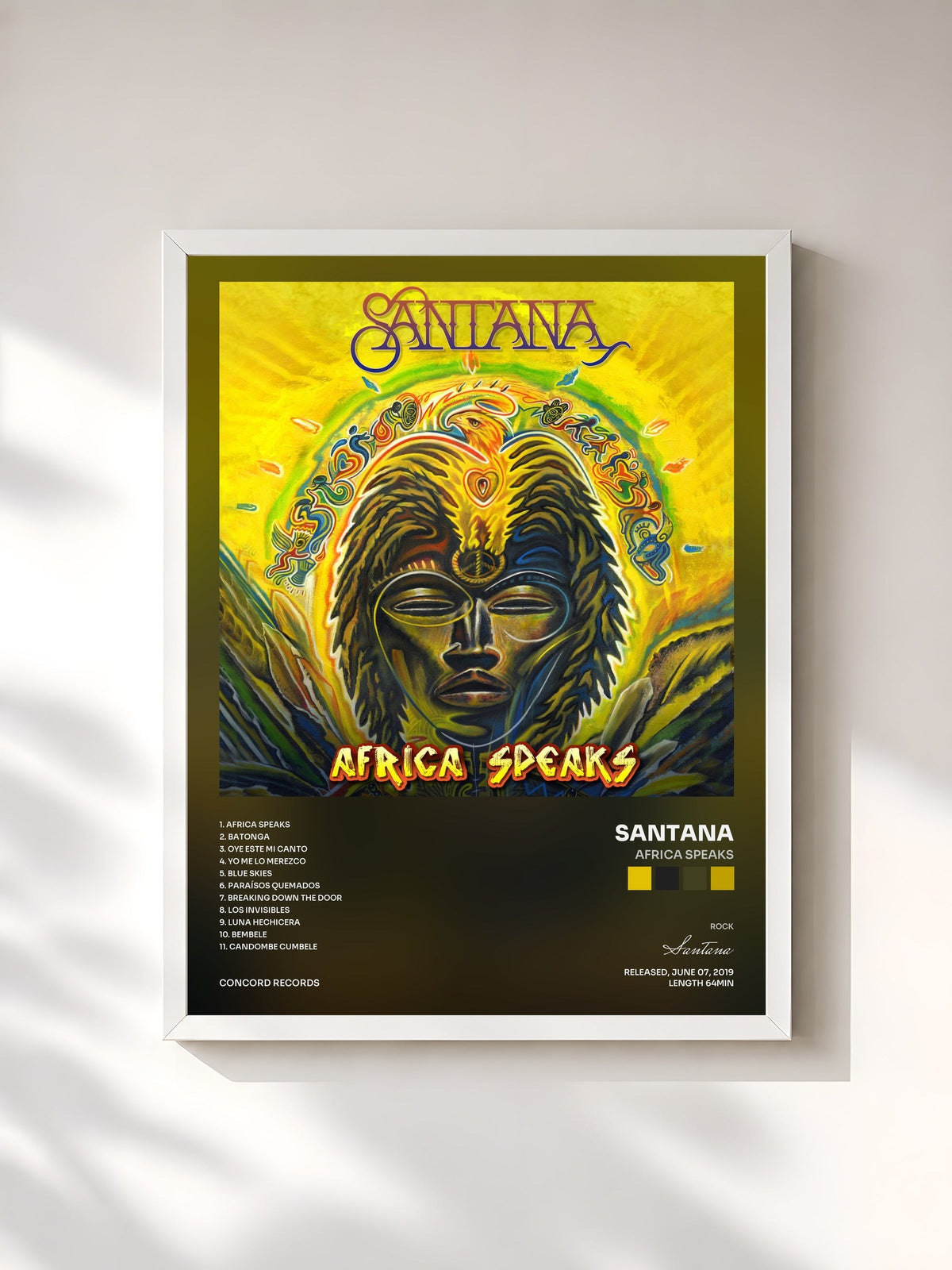 #blanc Tableau de l'album Africa Speaks de Santana, cadre blanc, imprimé et encadré en France