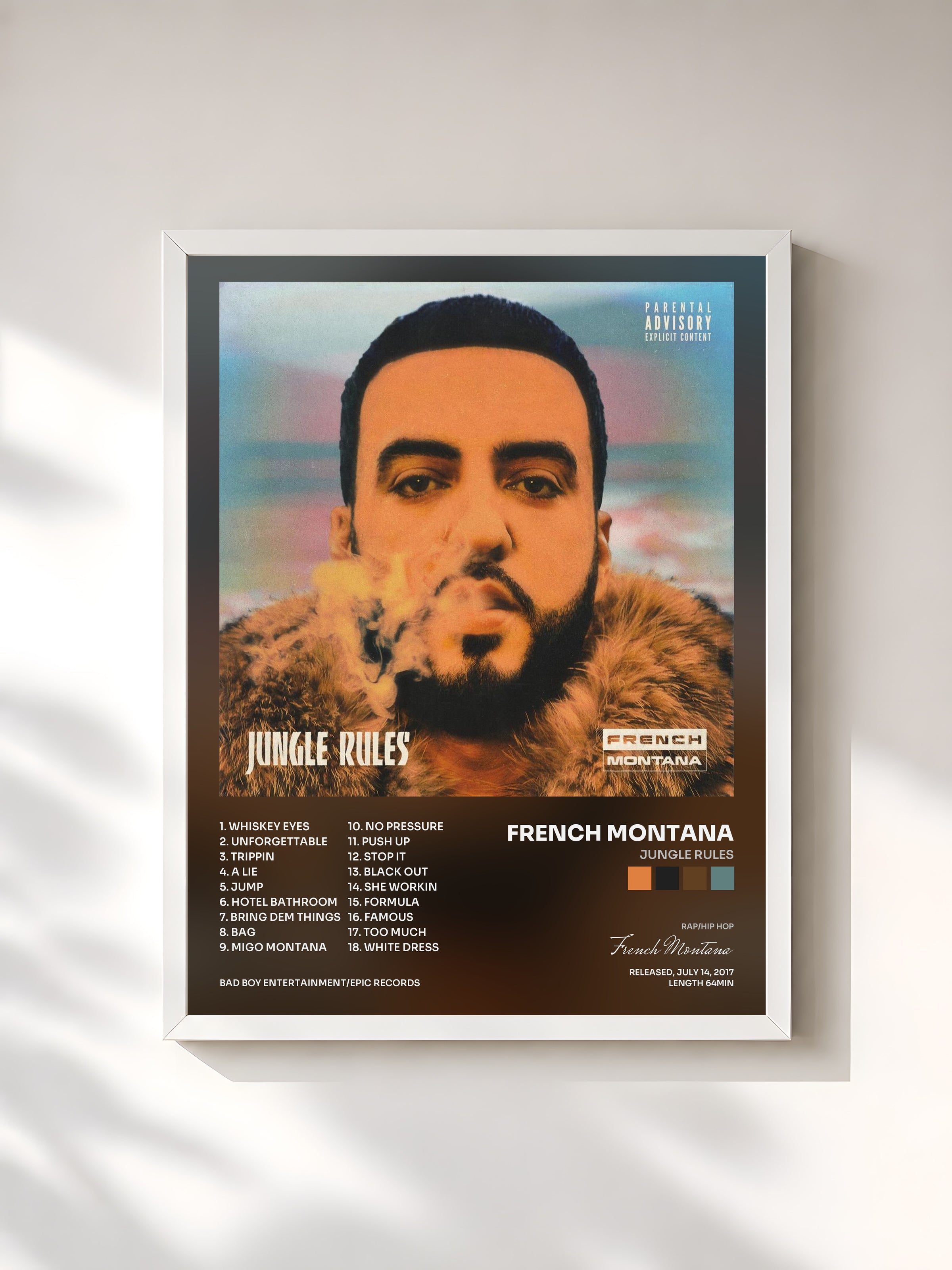 #blanc Jungle Rules by French Montana as a framed art print, white frame, printed and framed in France
