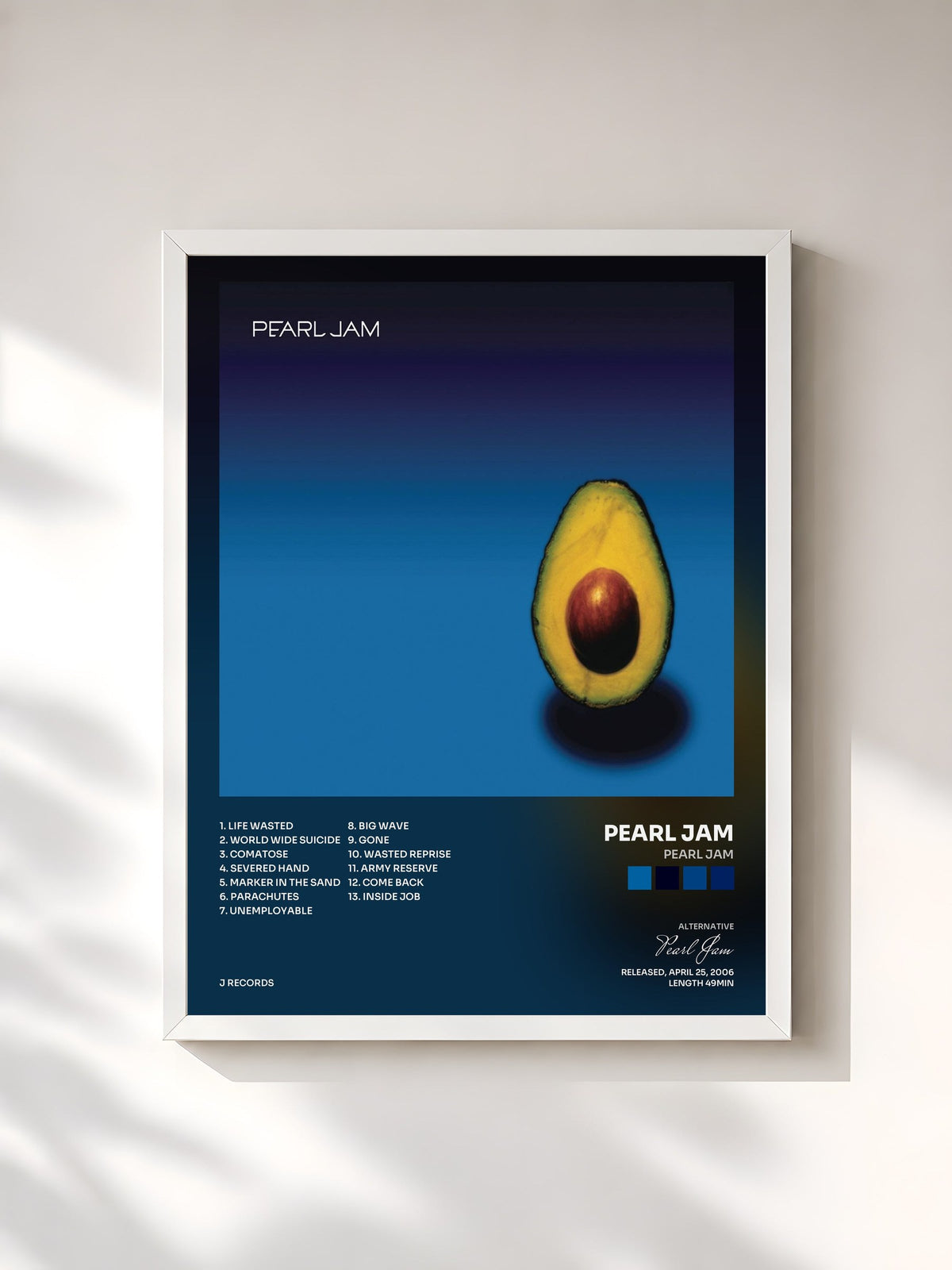 #blanc Tableau de l'album Pearl Jam de Pearl Jam, cadre blanc, imprimé et encadré en France