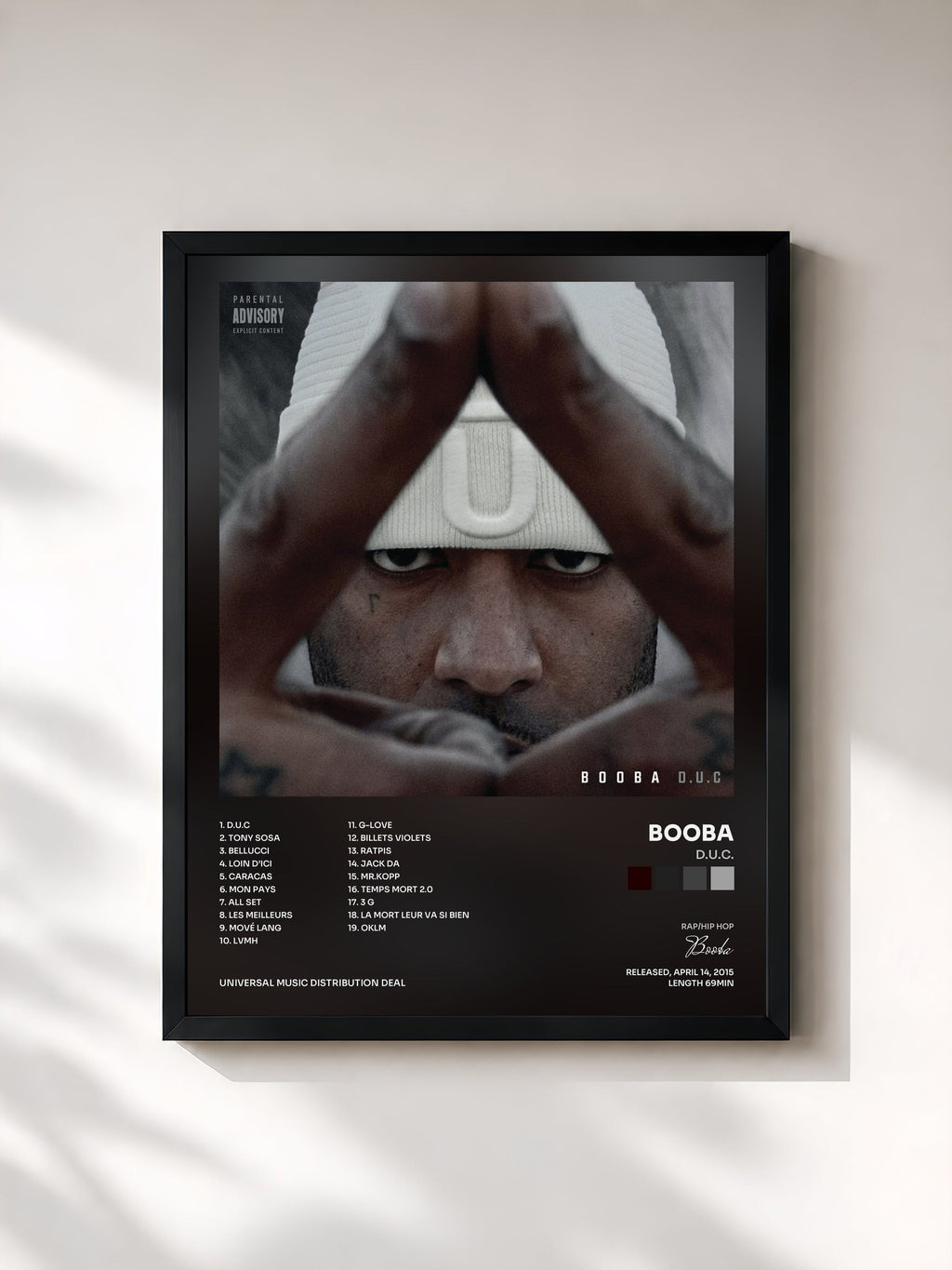 #noir Tableau de l'album D.U.C. de Booba, cadre noir, imprimé et encadré en France