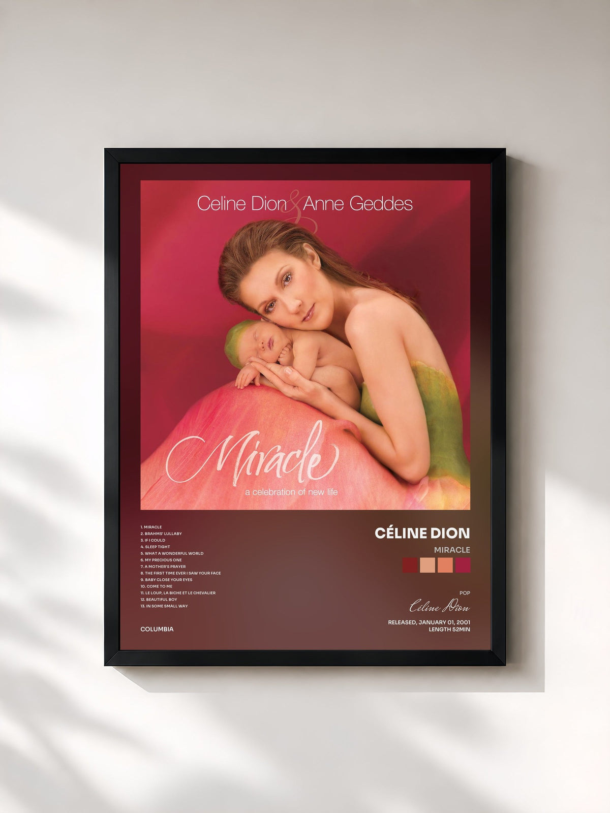 #noir Tableau de l'album Miracle de Céline Dion, cadre noir, imprimé et encadré en France