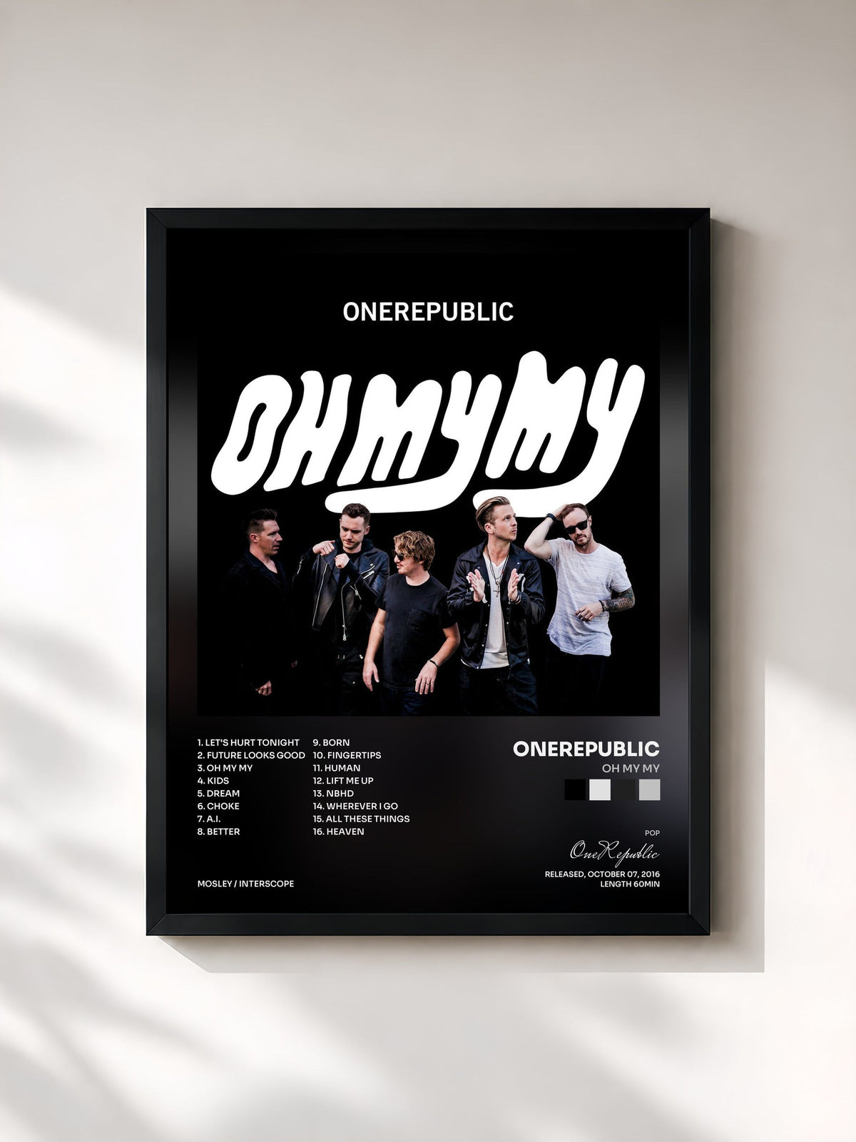 #noir Tableau de l'album Oh My My de OneRepublic, cadre noir, imprimé et encadré en France