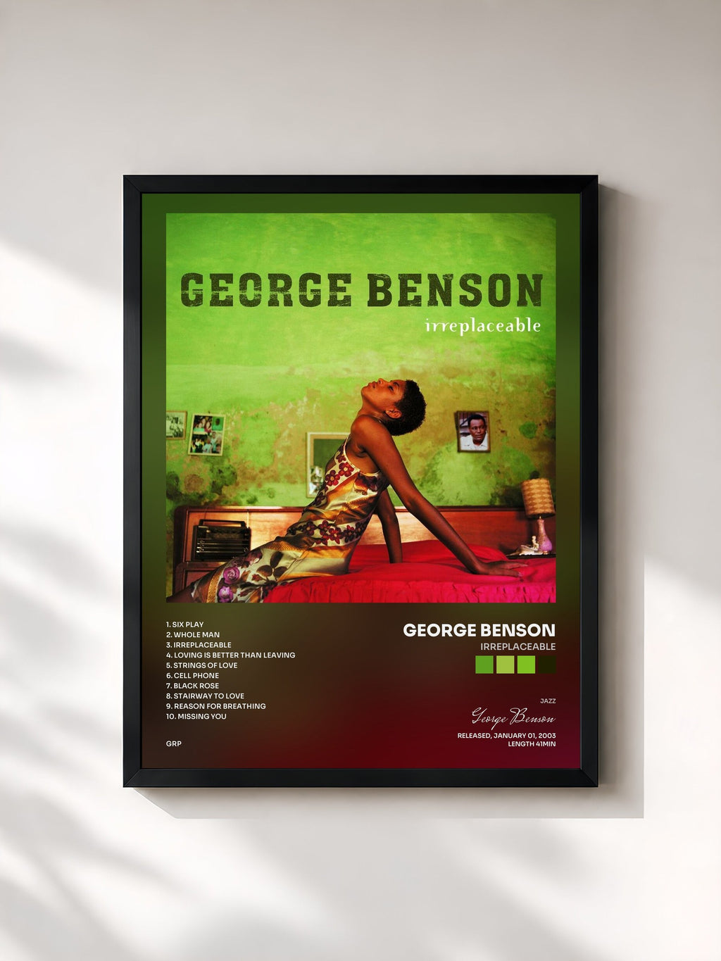 #noir Tableau de l'album Irreplaceable de George Benson, cadre noir, imprimé et encadré en France