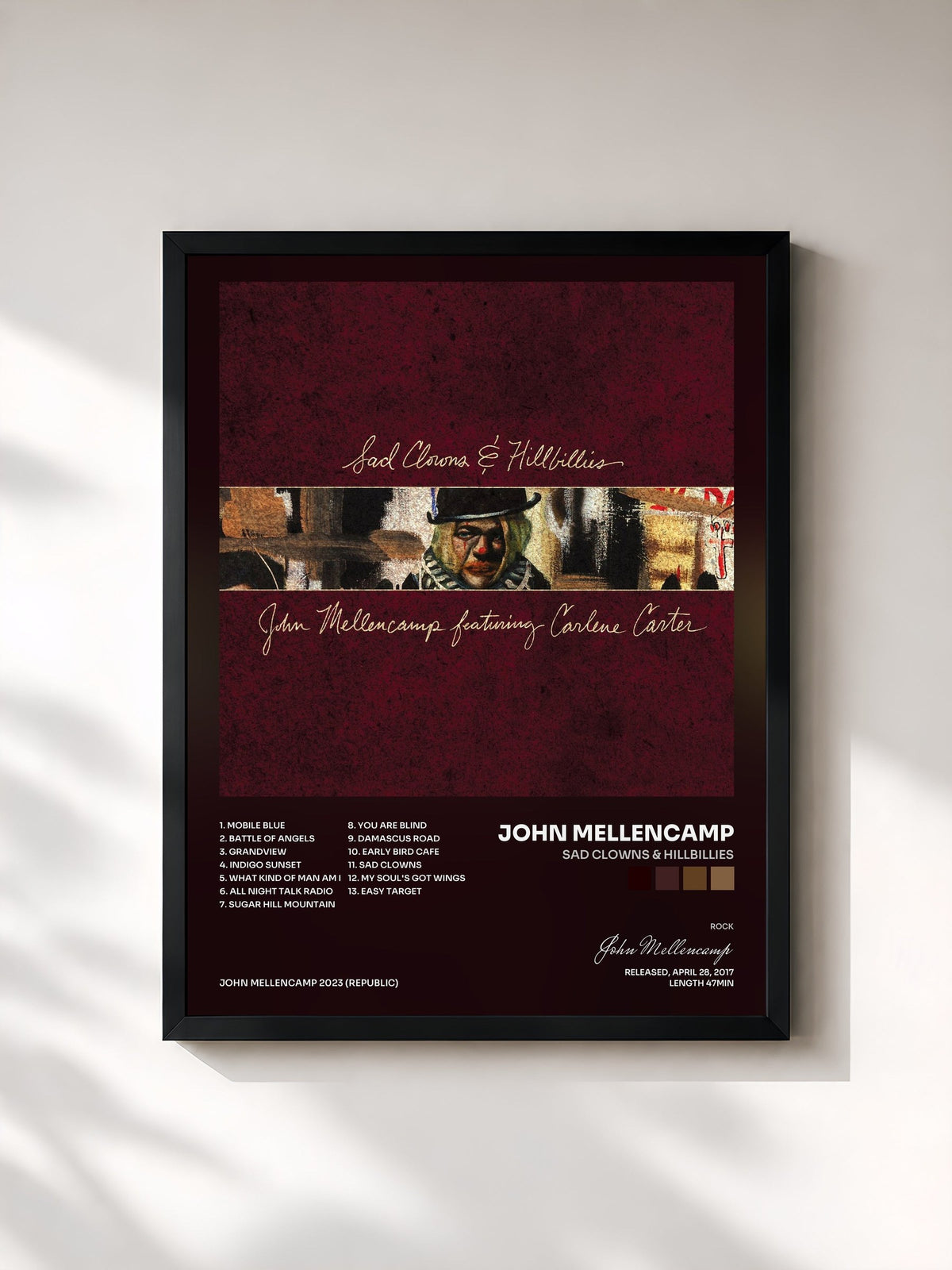 #noir Sad Clowns & Hillbillies by John Mellencamp as a framed art print, black frame, printed and framed in France