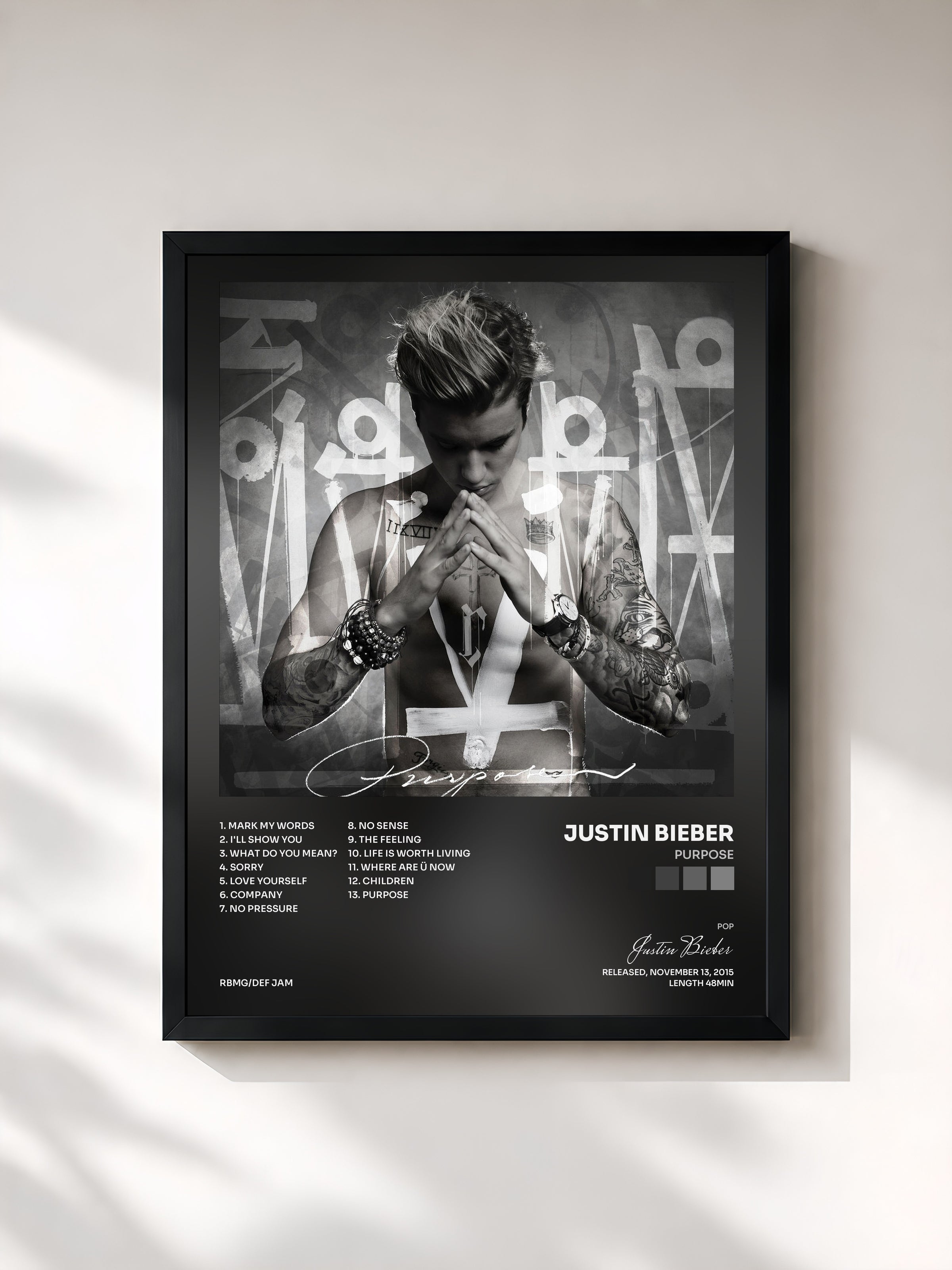#noir Purpose di Justin Bieber in stampa incorniciata, cornice nera, stampata e incorniciata in Francia