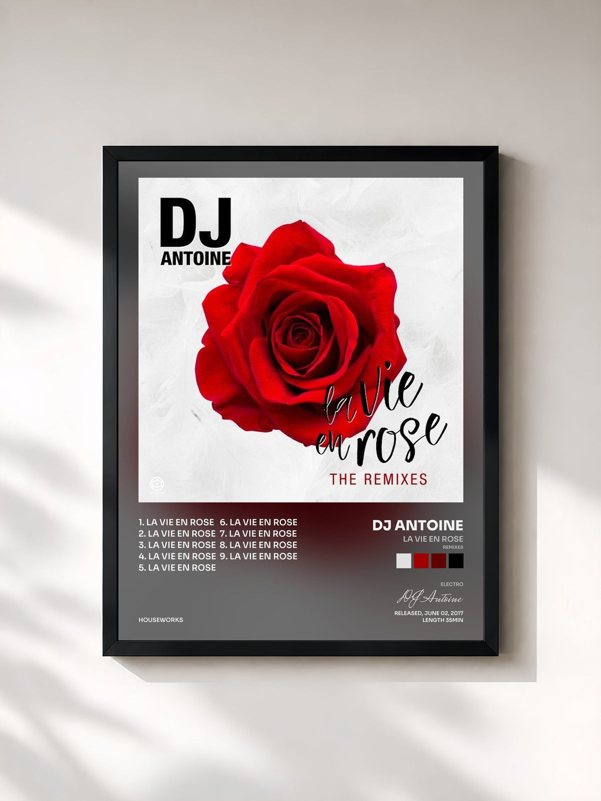 #noir Tableau de l'album La vie en rose (Remixes) de DJ Antoine, cadre noir, imprimé et encadré en France