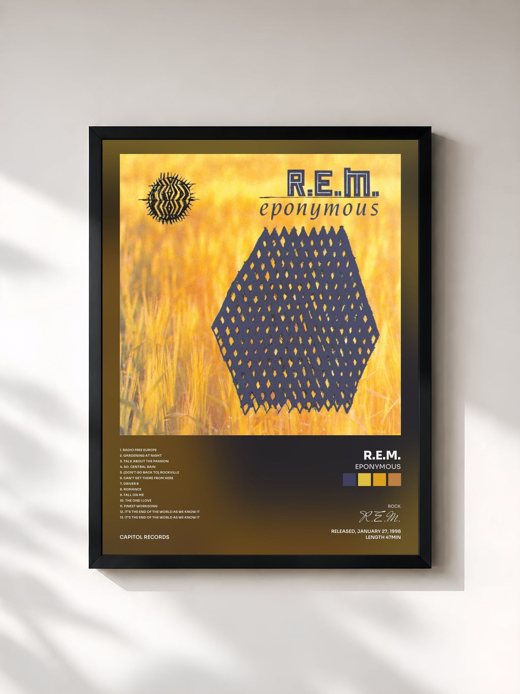 #noir Tableau de l'album Eponymous de R.E.M., cadre noir, imprimé et encadré en France